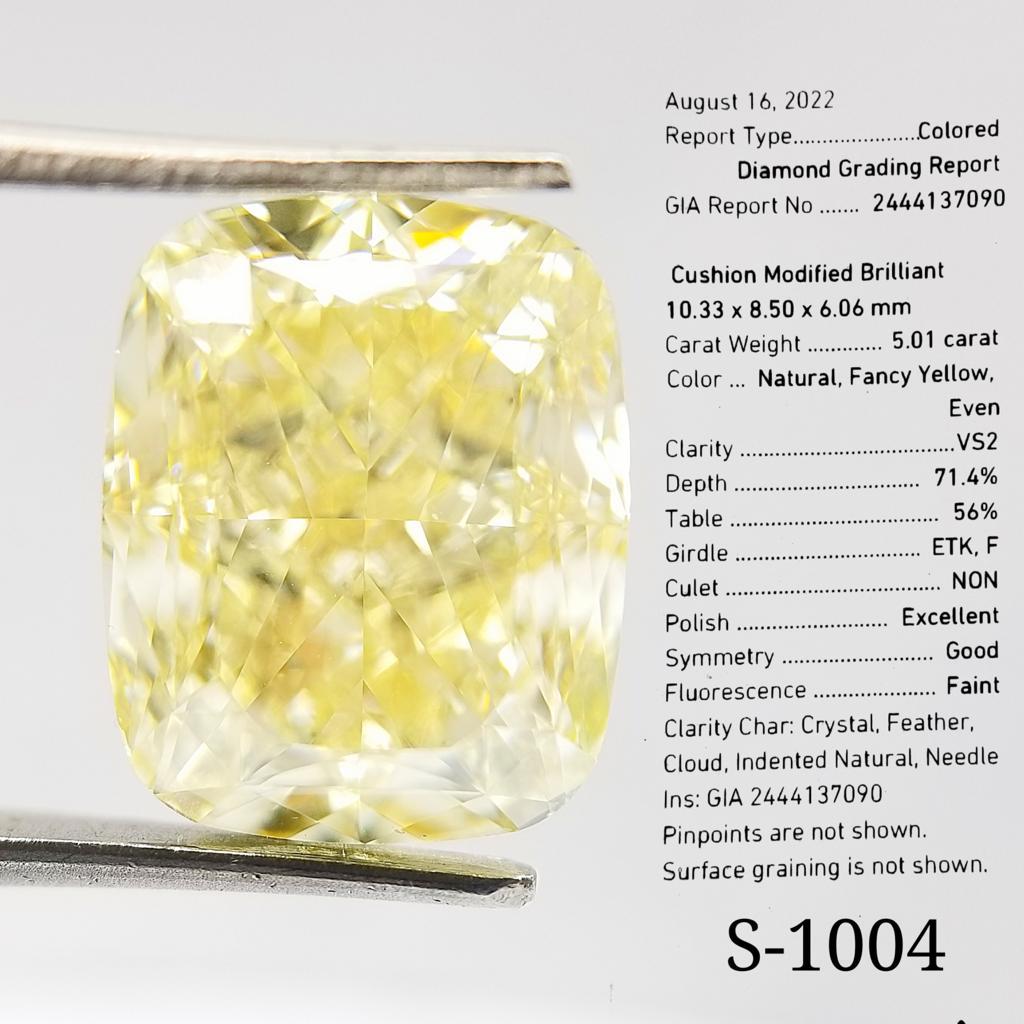 Cushion Cut GIA Certified Fancy Yellow Diamond of 5.010 Carats on Ring For Sale