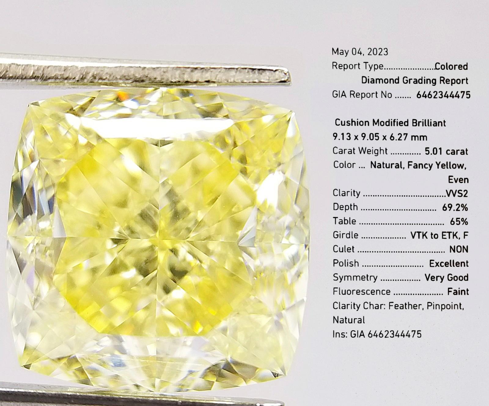 GIA Certified Fancy Yellow Diamond of 5.01 Carats Ring VVS2 In New Condition For Sale In Massafra, IT