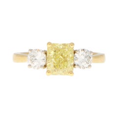 GIA Certified Fancy Yellow Diamond Three Stone Engagement Ring in 18k Gold