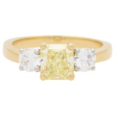 GIA Certified Fancy Yellow Diamond Three Stone Engagement Ring in 18k Gold