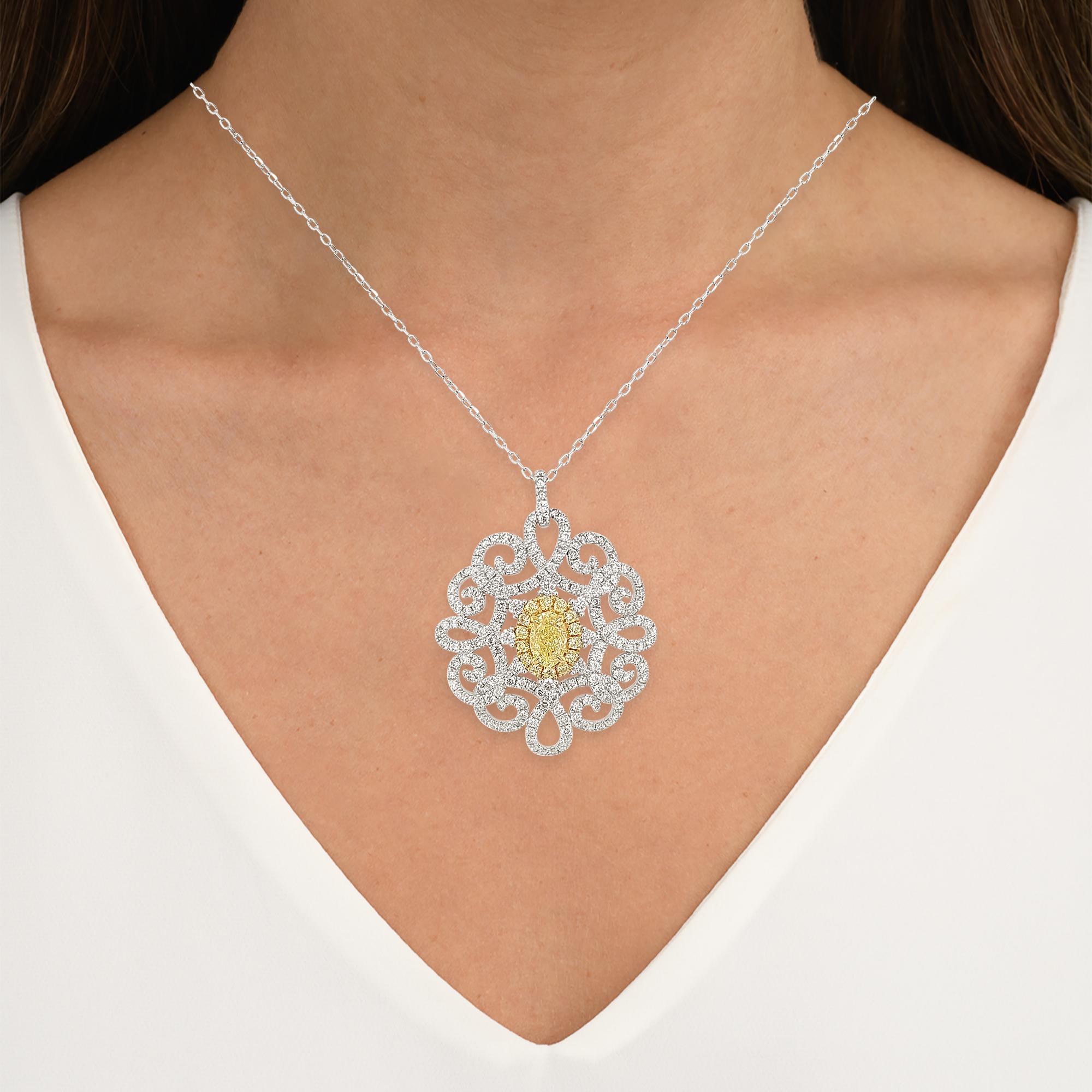 Contemporary GIA Certified Yellow Diamond White Diamond Platinum Pendant Necklace For Sale