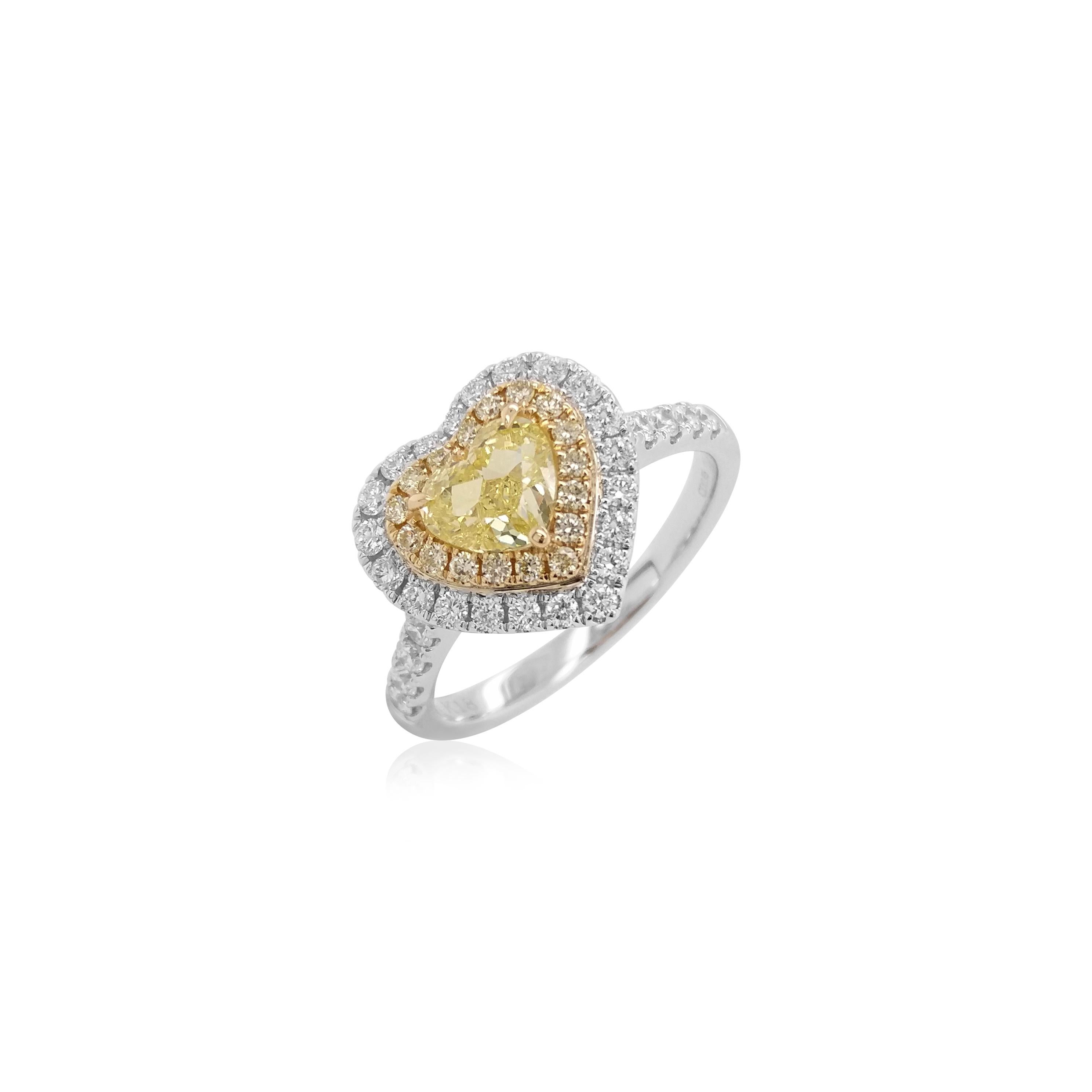 Heart Cut GIA Certified Fancy Yellow Diamond White Diamond 18K Gold Ring For Sale