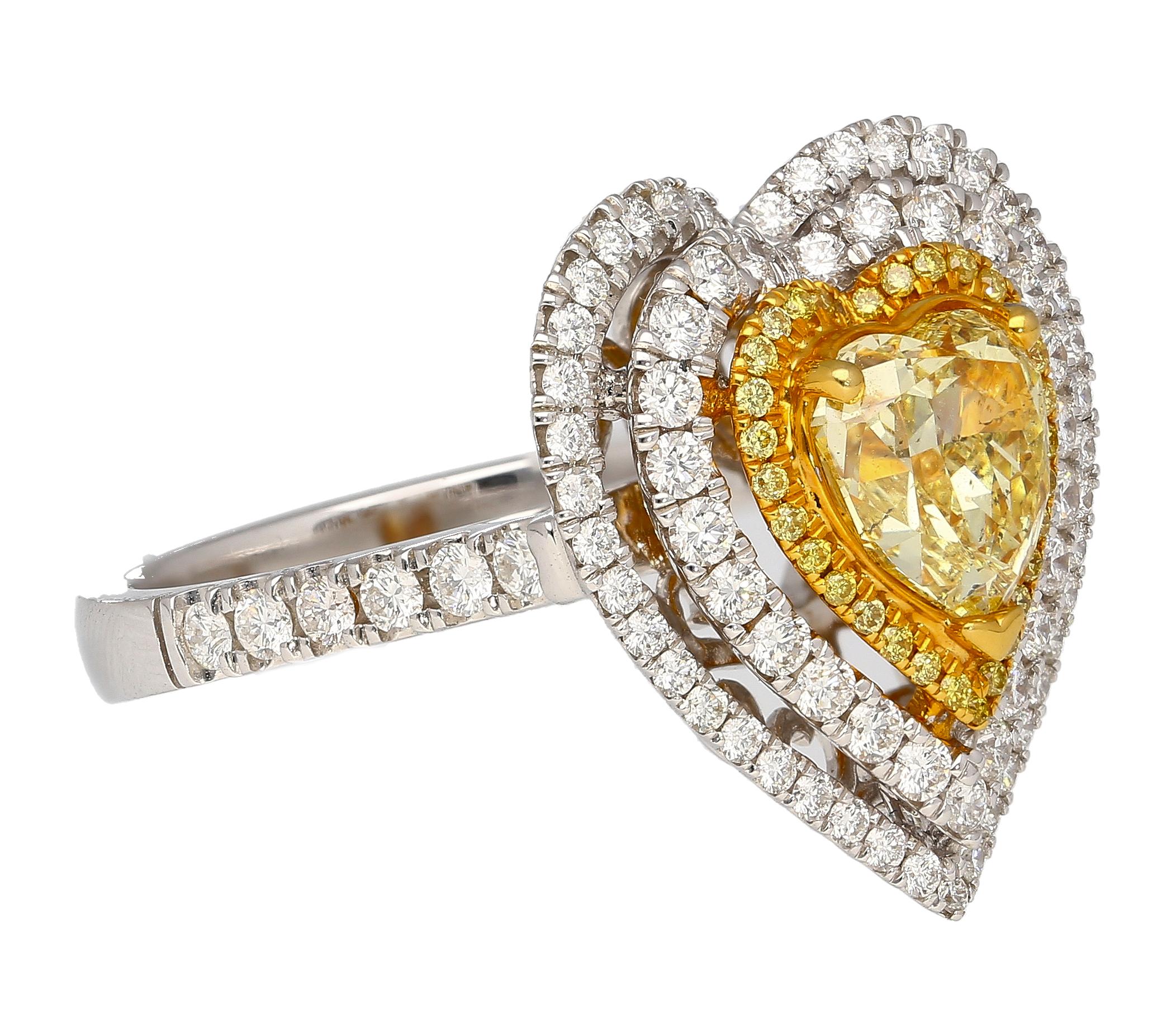 Art Deco GIA Certified Fancy Yellow Heart Cut Diamond Ring For Sale