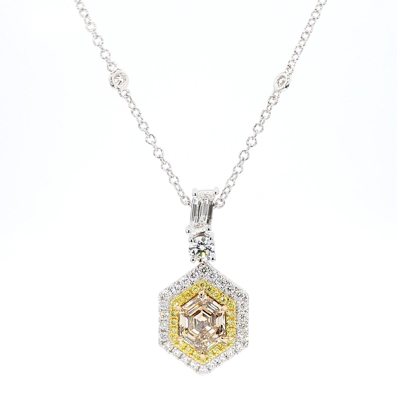 Contemporary GIA Certified Fancy Yellow Hexagon Diamond 3.27 Carat TW Gold Drop Pendant For Sale