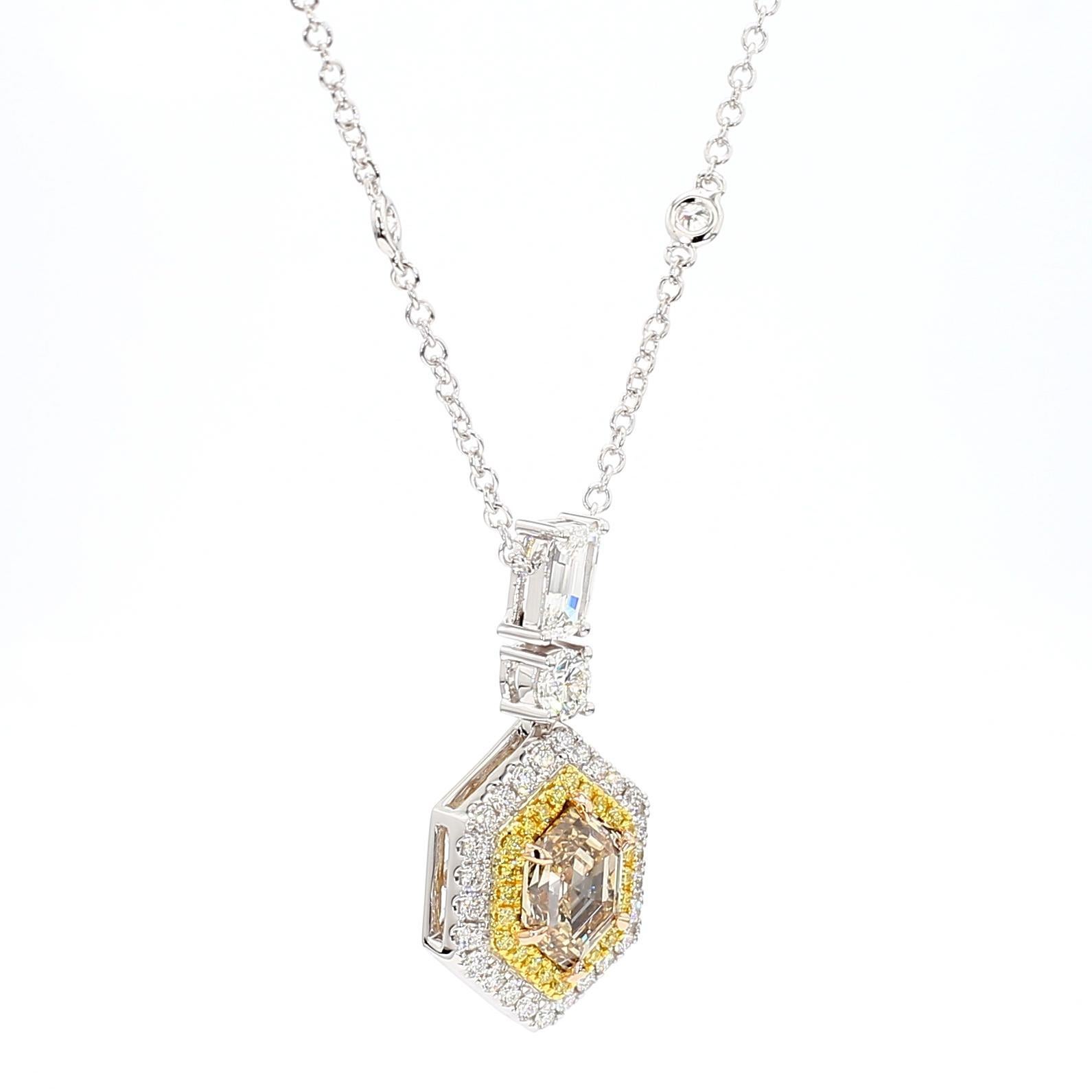 Hexagon Cut GIA Certified Fancy Yellow Hexagon Diamond 3.27 Carat TW Gold Drop Pendant For Sale