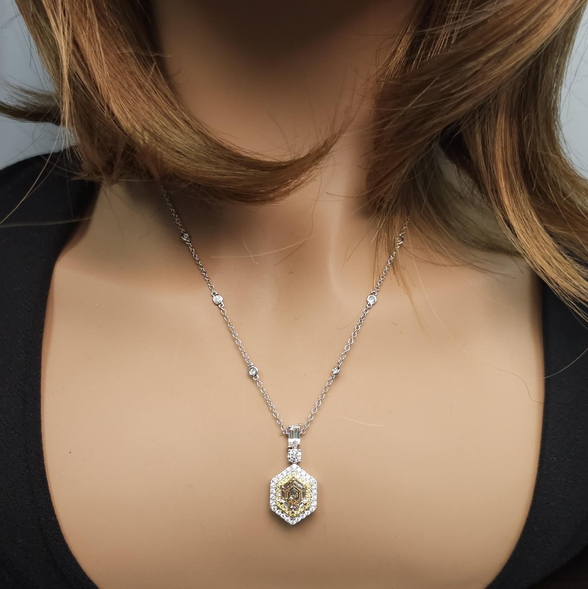 GIA Certified Fancy Yellow Hexagon Diamond 3.27 Carat TW Gold Drop Pendant In New Condition For Sale In New York, NY
