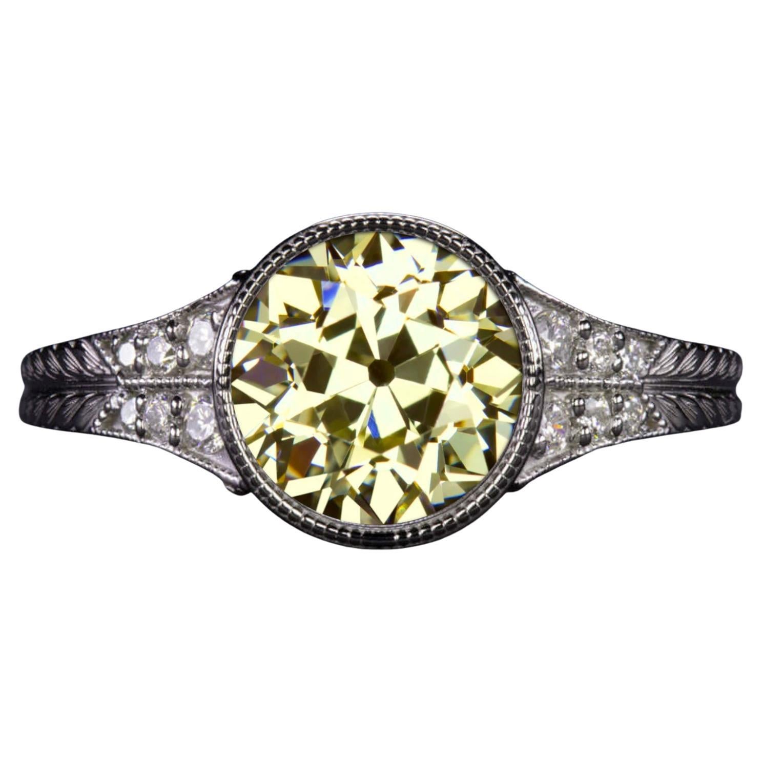 GIA Certified Fancy Yellow Old European Cut Diamond Ring in 14K White Gold