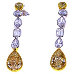 Gia Certified Fancy Yellow Pear Shape and Fancy Shape Diamond Earrings