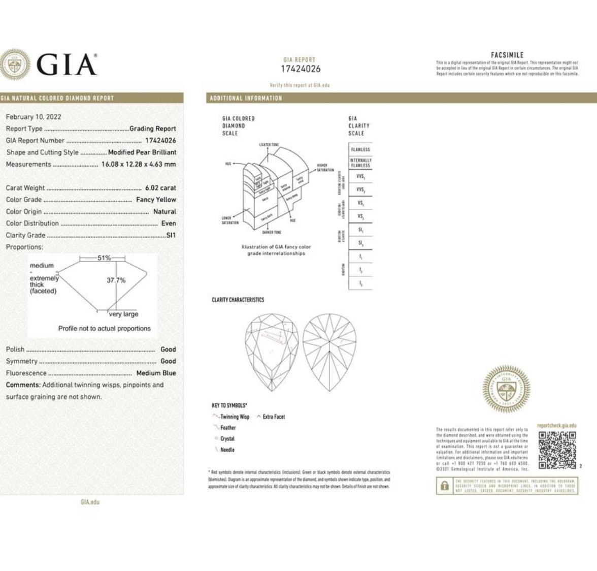 GIA Certified Fancy Yellow Pear Shape Diamond Ring in 18k Yellow Gold For Sale 2