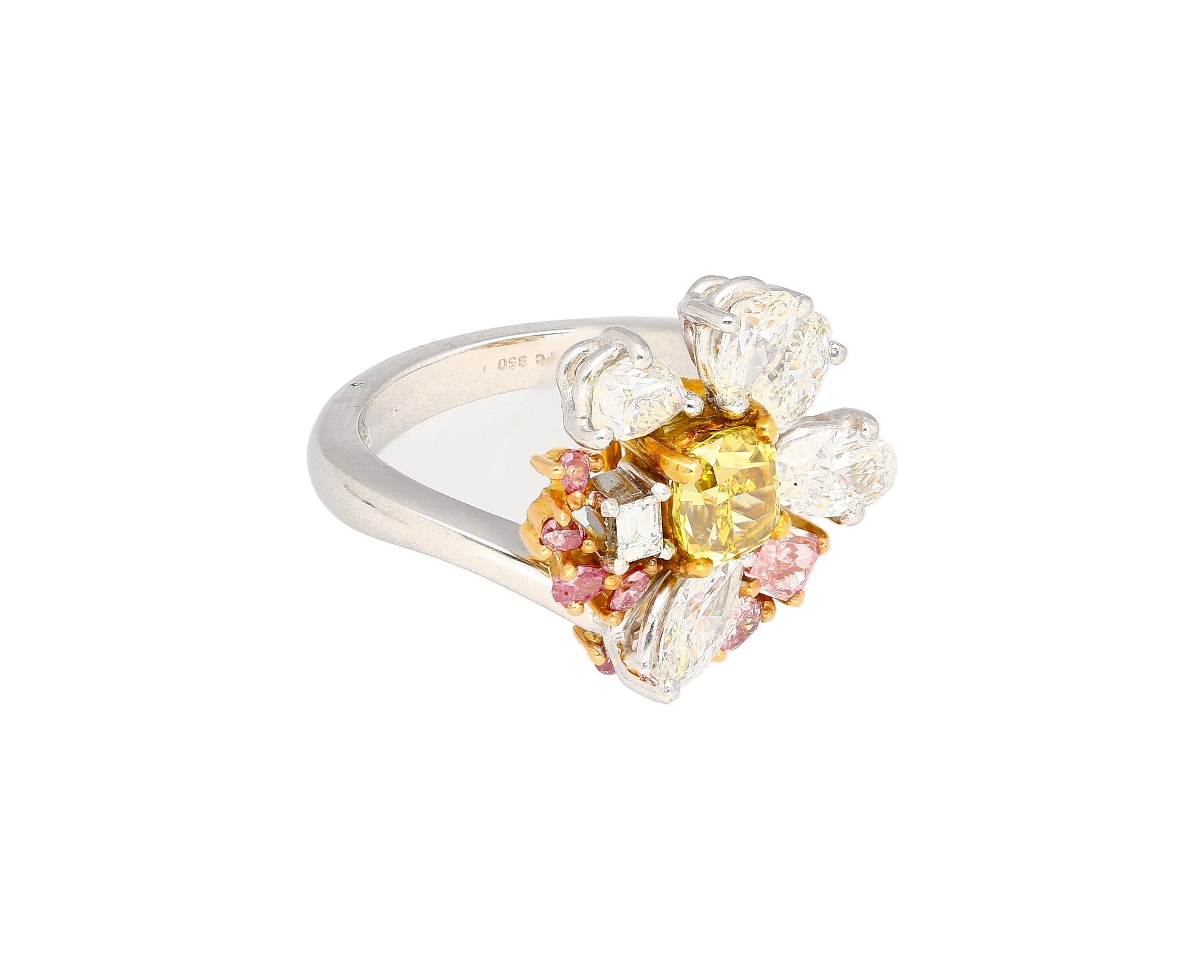 Art Deco GIA Certified Fancy Yellow, Pink and White Diamond Ring in Platinum 950 & 18K For Sale