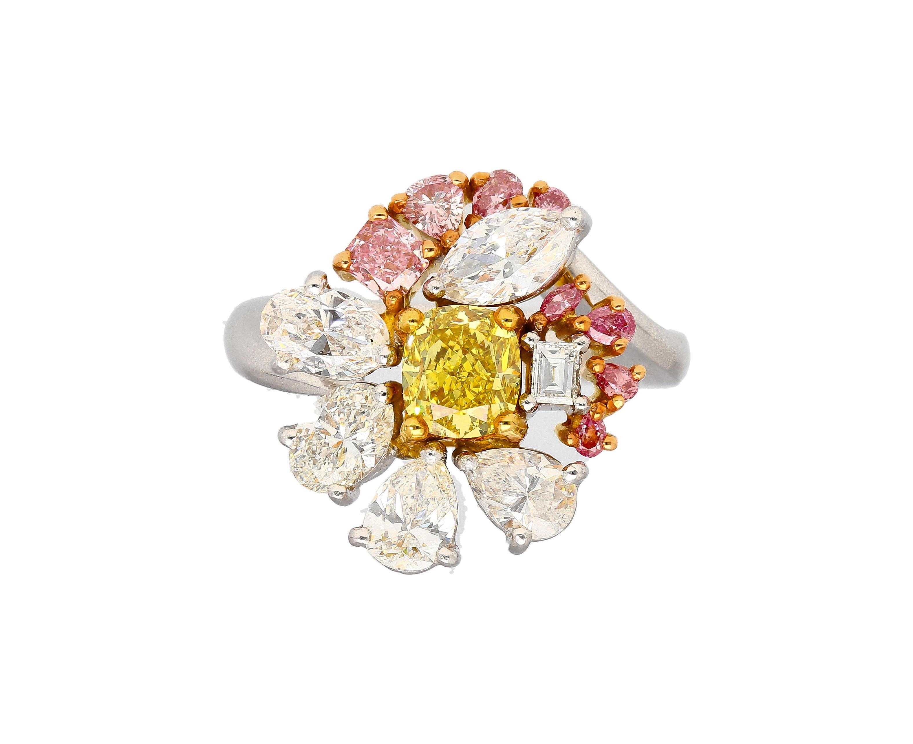 Cushion Cut GIA Certified Fancy Yellow, Pink and White Diamond Ring in Platinum 950 & 18K For Sale