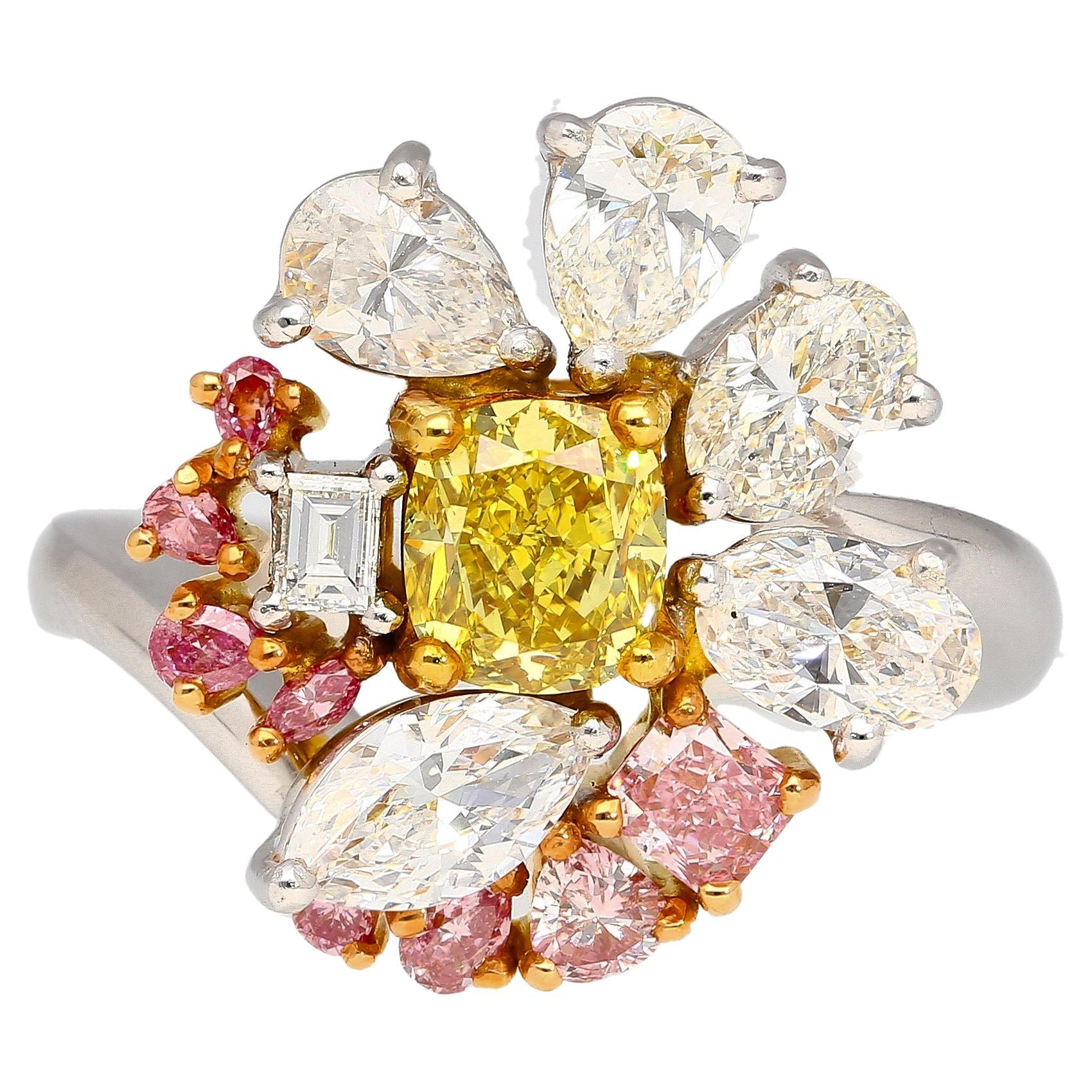 GIA Certified Fancy Yellow, Pink and White Diamond Ring in Platinum 950 & 18K For Sale