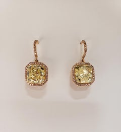 GIA Certified Fancy Yellow Radiant Cut Diamond Drop Earrings with Pink Diamonds