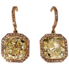 GIA Certified Fancy Yellow Radiant Cut Diamond Drop Earrings with Pink Diamonds