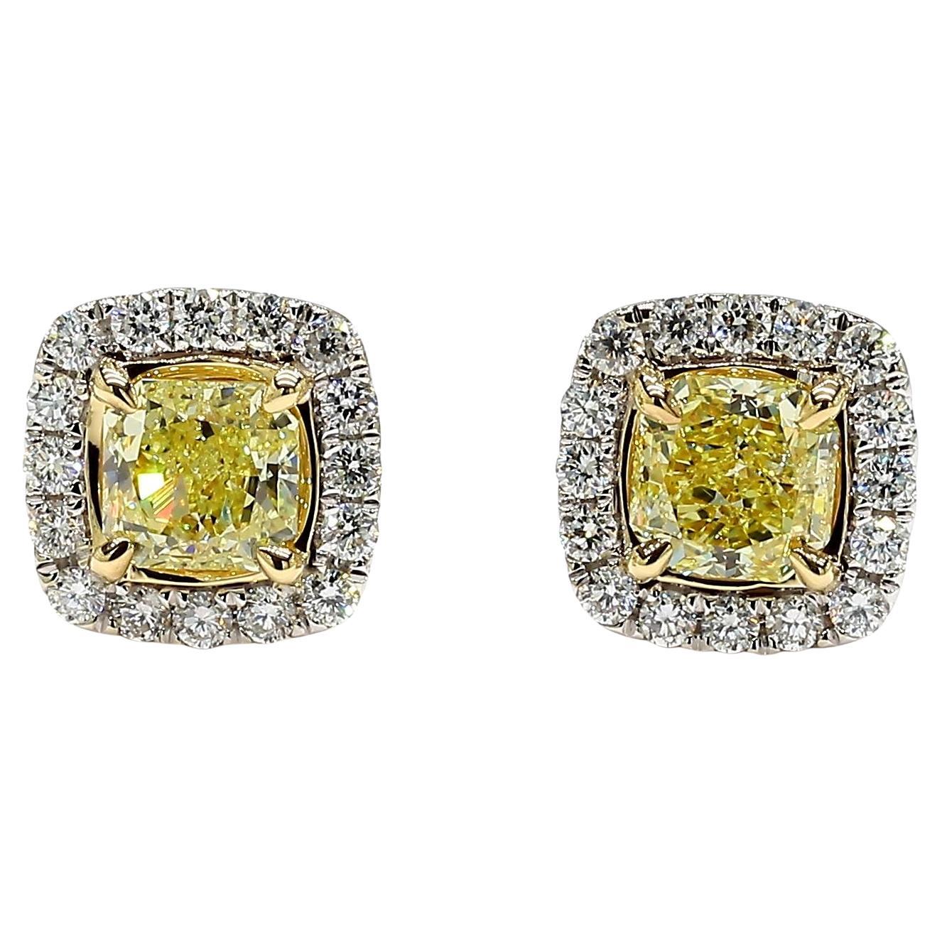 GIA Certified Fancy Yellow Radiant Diamond 1.40 Carat TW Gold Stud Earrings