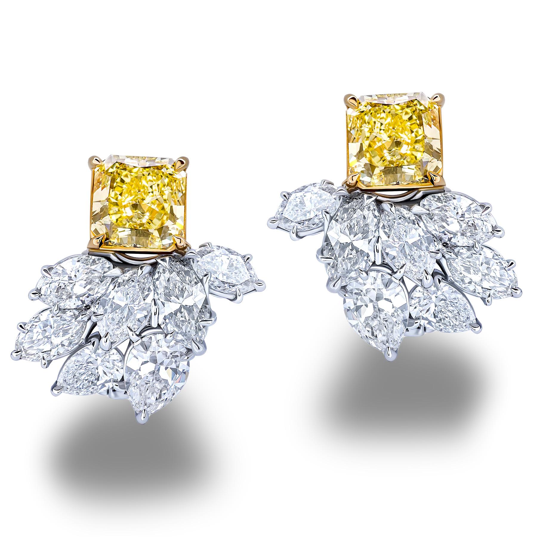 Women's GIA Certified Fancy Yellow Square Cut Diamond Cluster Earrings