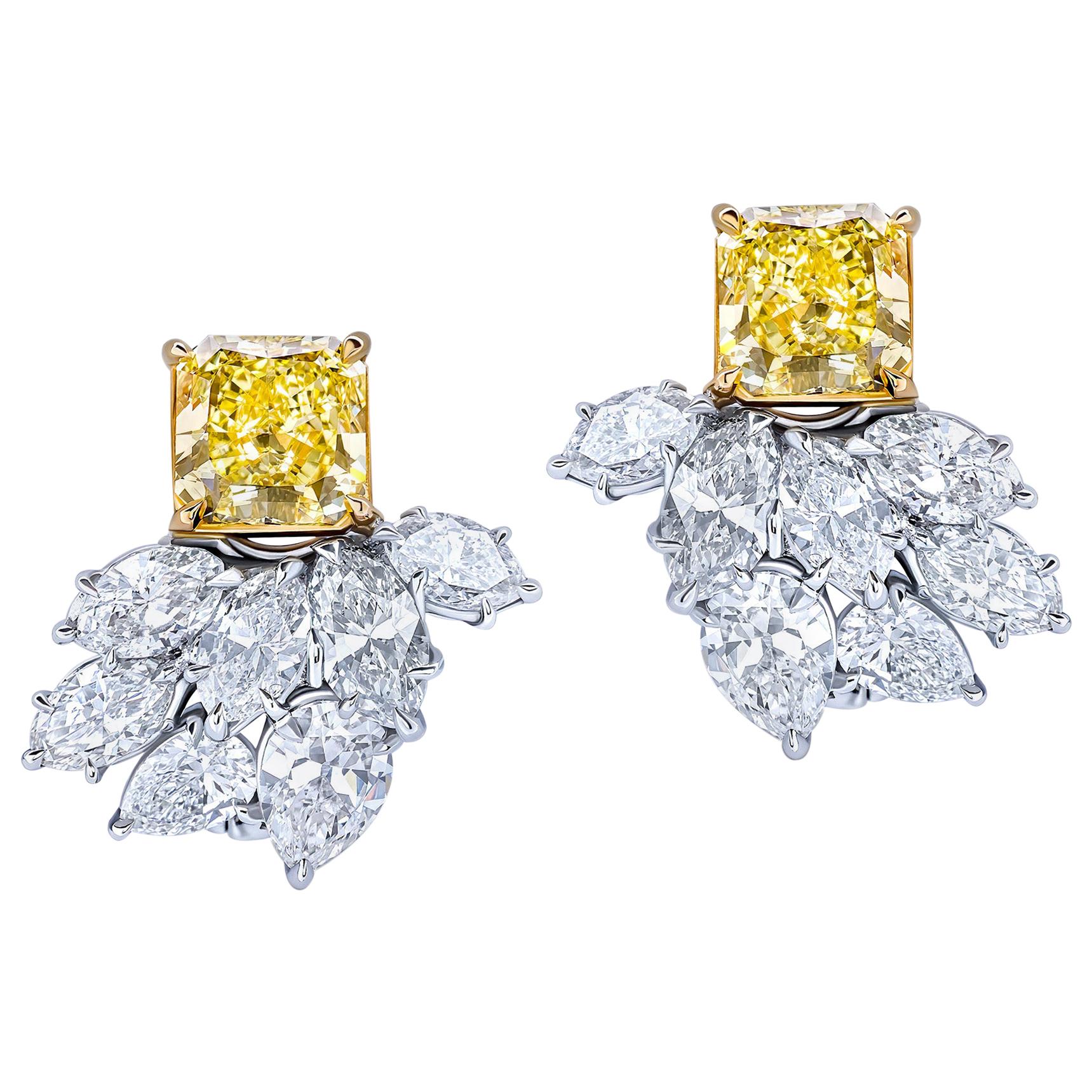 GIA Certified Fancy Yellow Square Cut Diamond Cluster Earrings