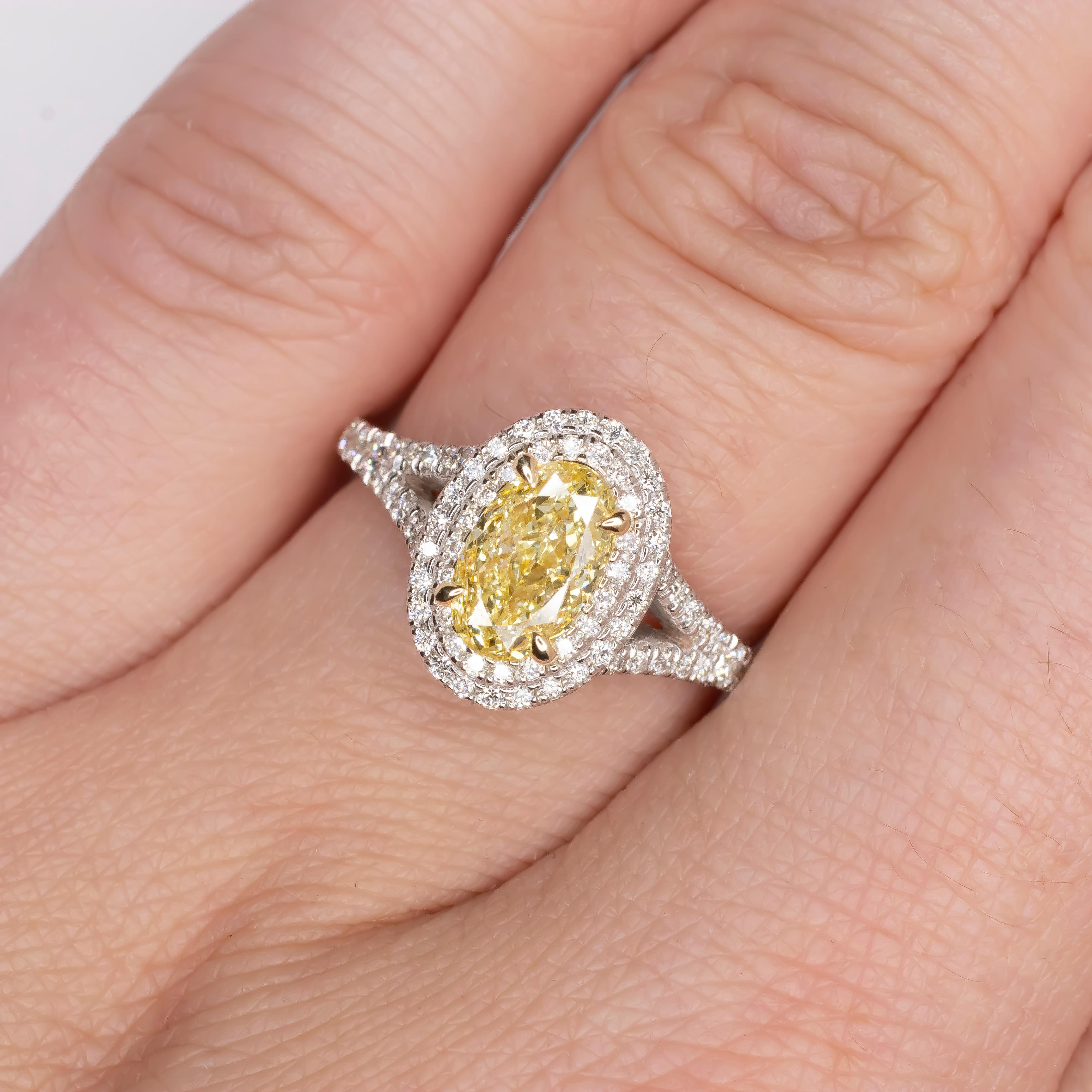 Modern GIA Certified Fancy Yellow VVS2 Oval Diamond Double Halo Gold Ring  For Sale