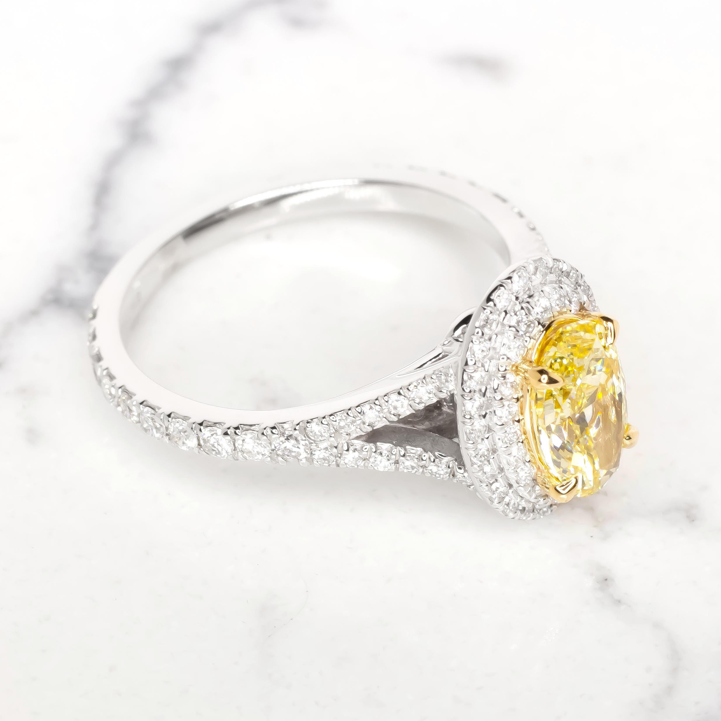 Oval Cut GIA Certified Fancy Yellow VVS2 Oval Diamond Double Halo Gold Ring  For Sale