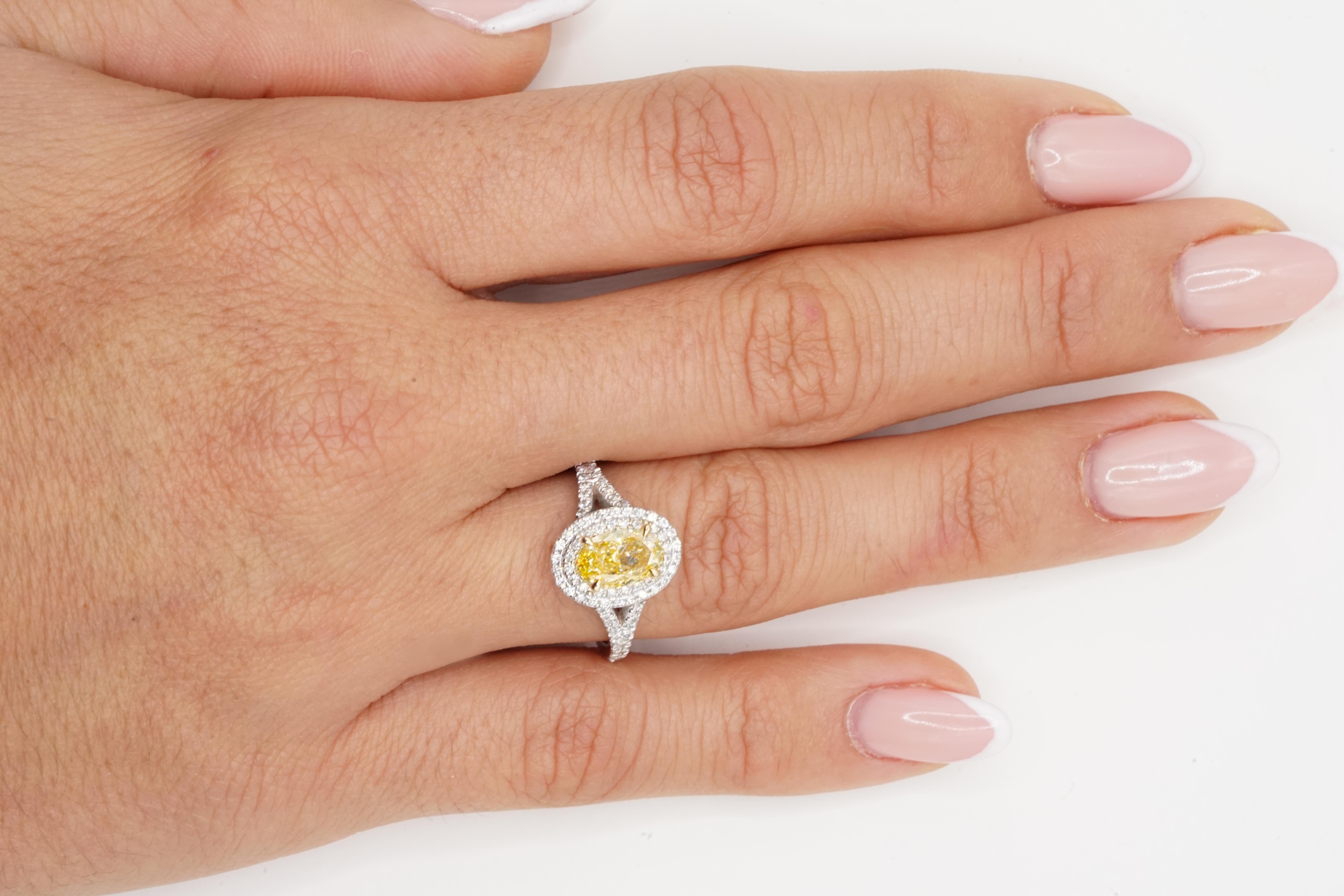 Women's or Men's GIA Certified Fancy Yellow VVS2 Oval Diamond Double Halo Gold Ring For Sale