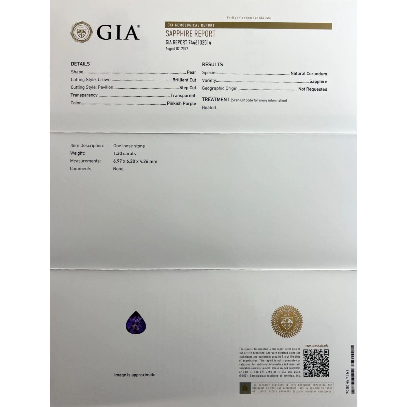 GIA Certified Fine Deep Pink Purple 1.30ct Sapphire Pear Cut Rare Gem 6.9x6.2mm 4
