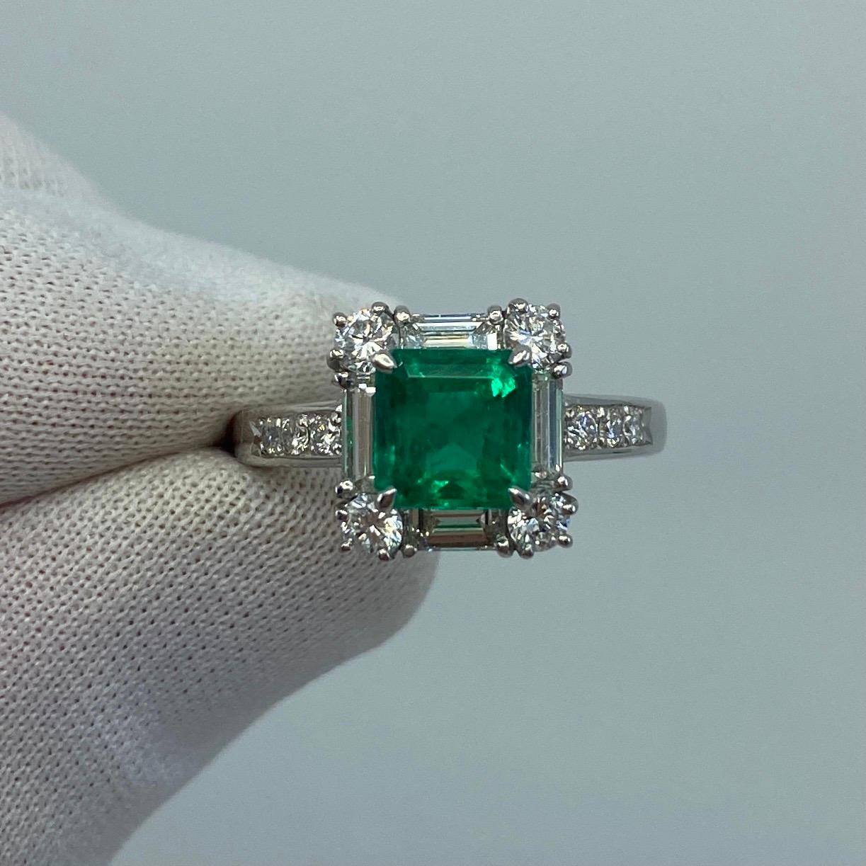 GIA Certified Vivid Green 2.23 Total Carat Colombian Emerald & Diamond Platinum Halo Ring.

1.13 Carat fine emerald with a stunning intense vivid green colour and excellent clarity.
Incredibly clean stone by emerald standards, also with excellent