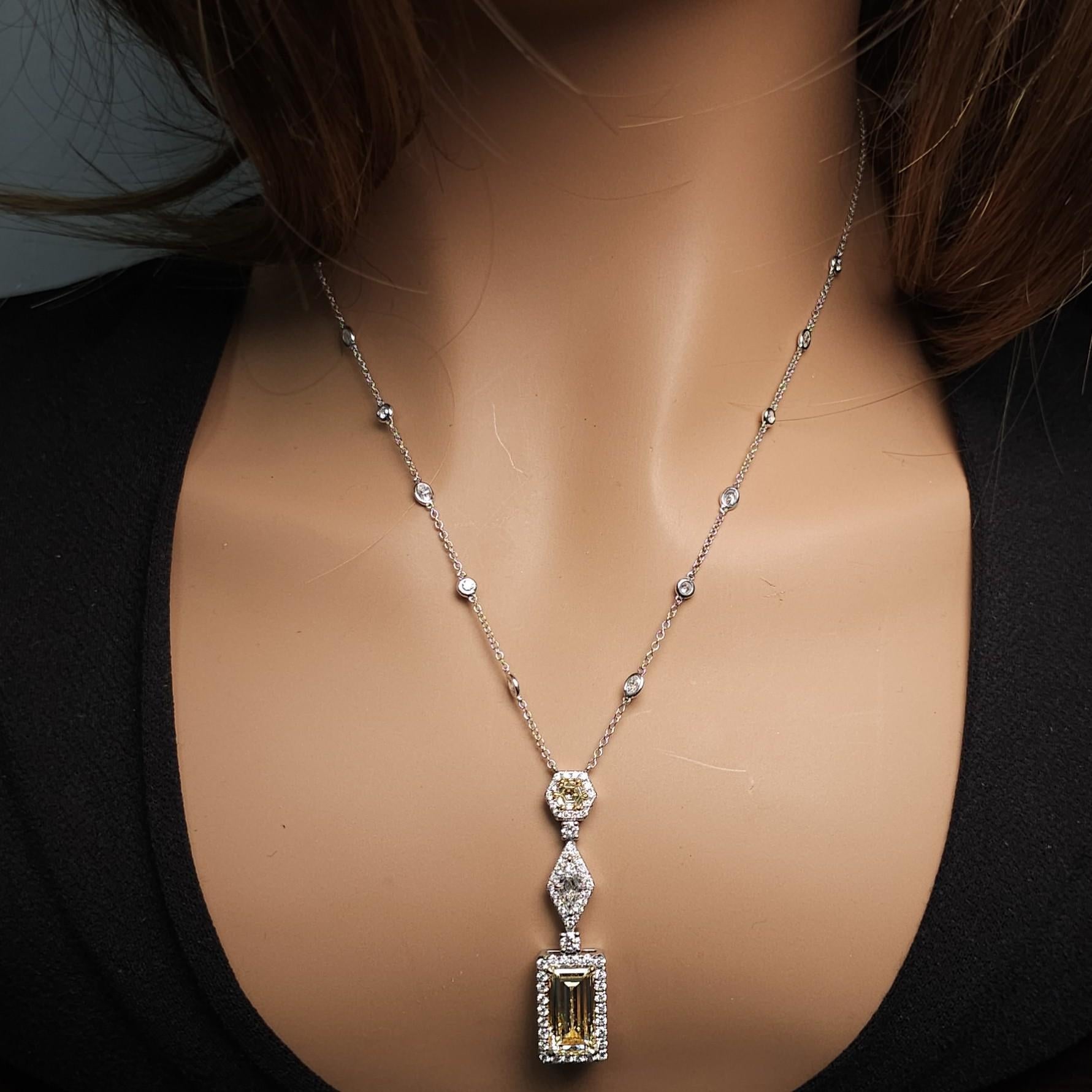 GIA-zertifizierte lupenreine gelbe Baguette-Diamant 5,36 Karat TW Gold Drop Halskette im Angebot 3