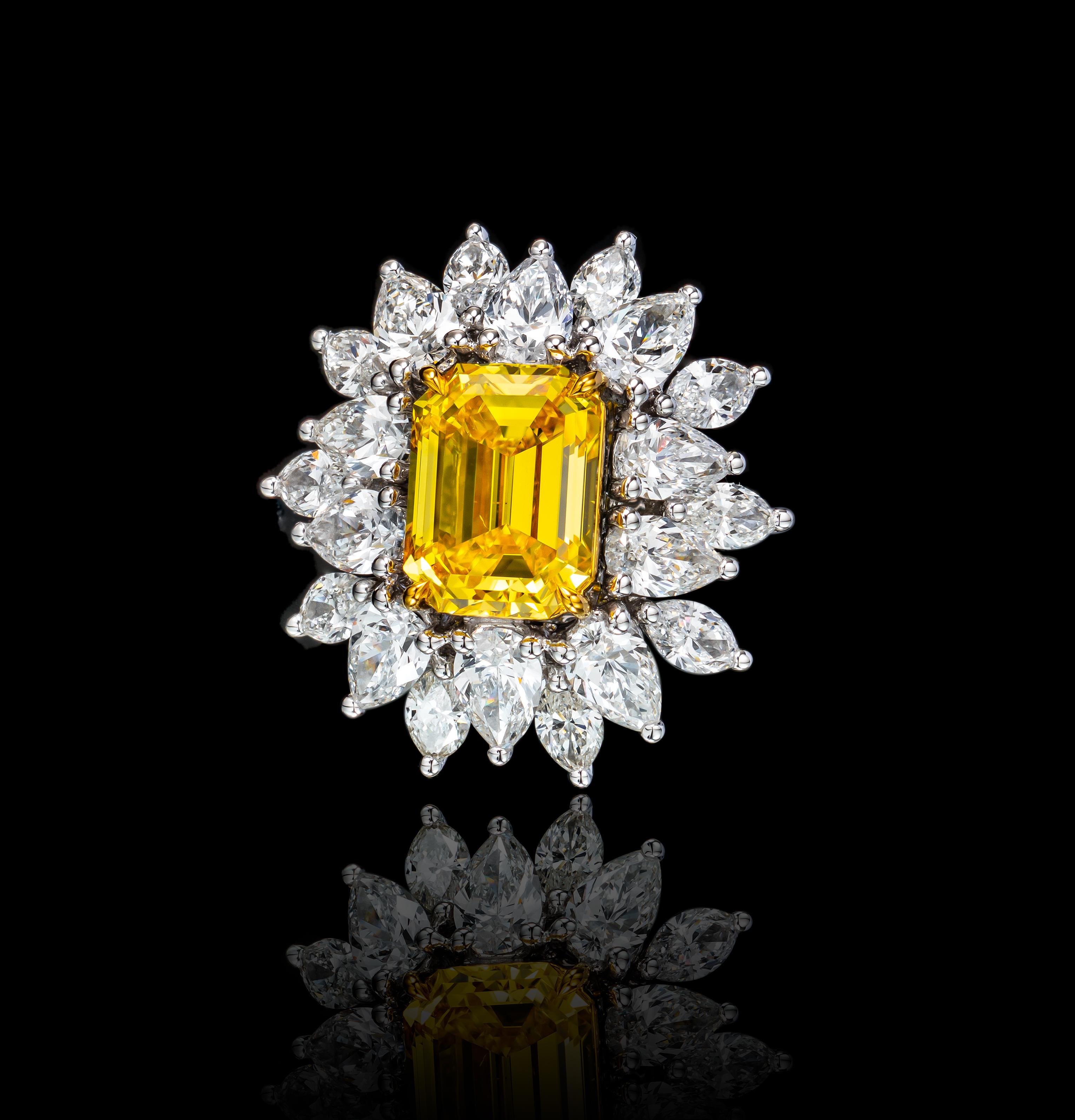 Victorian GIA Certified Floral 2.01 Carat Emerald Fancy Vivid Yellow Diamond Ring