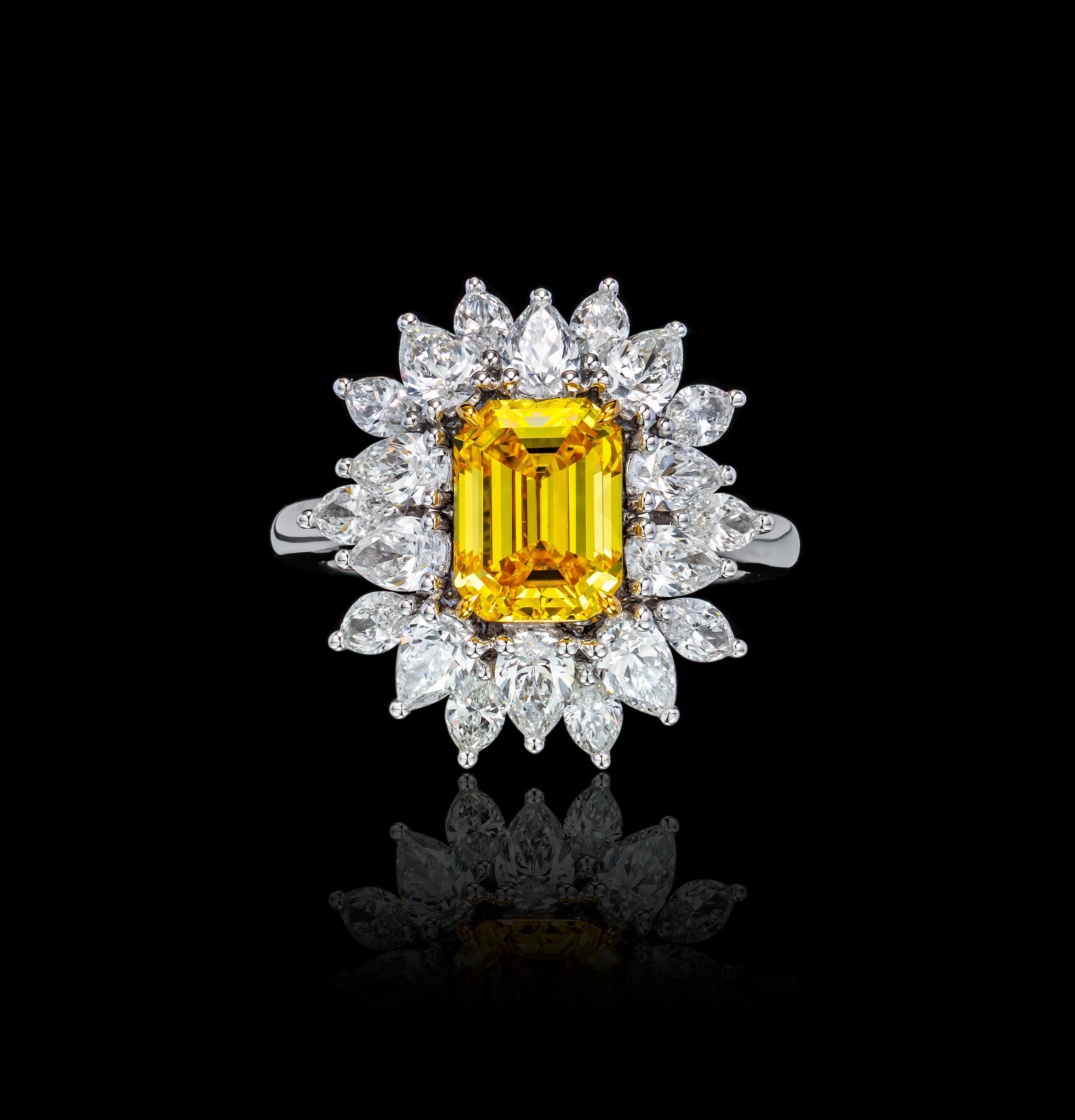 Emerald Cut GIA Certified Floral 2.01 Carat Emerald Fancy Vivid Yellow Diamond Ring