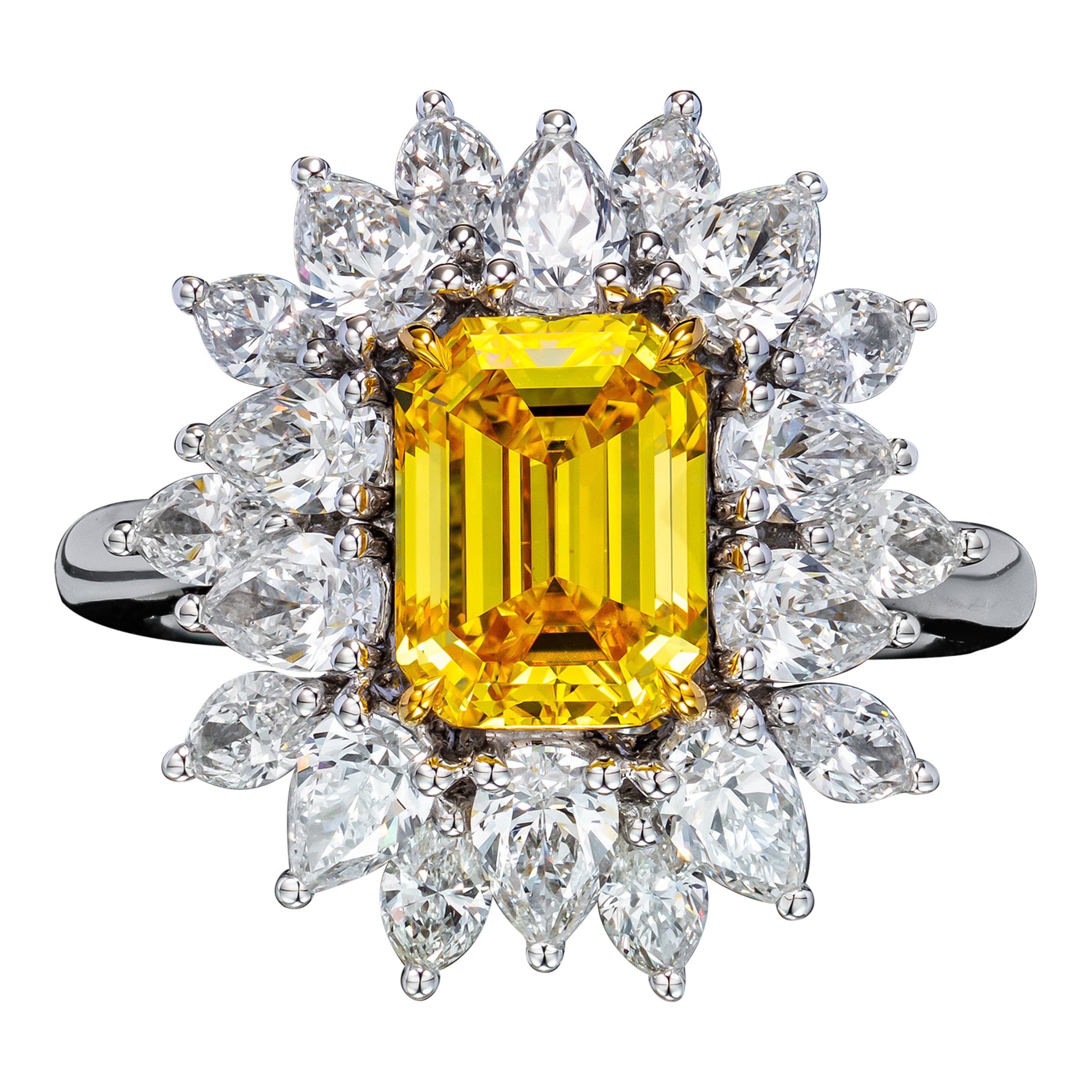 Bague à fleurs en diamant jaune vif fantaisie de 2,01 carats et émeraude certifiée par le GIA