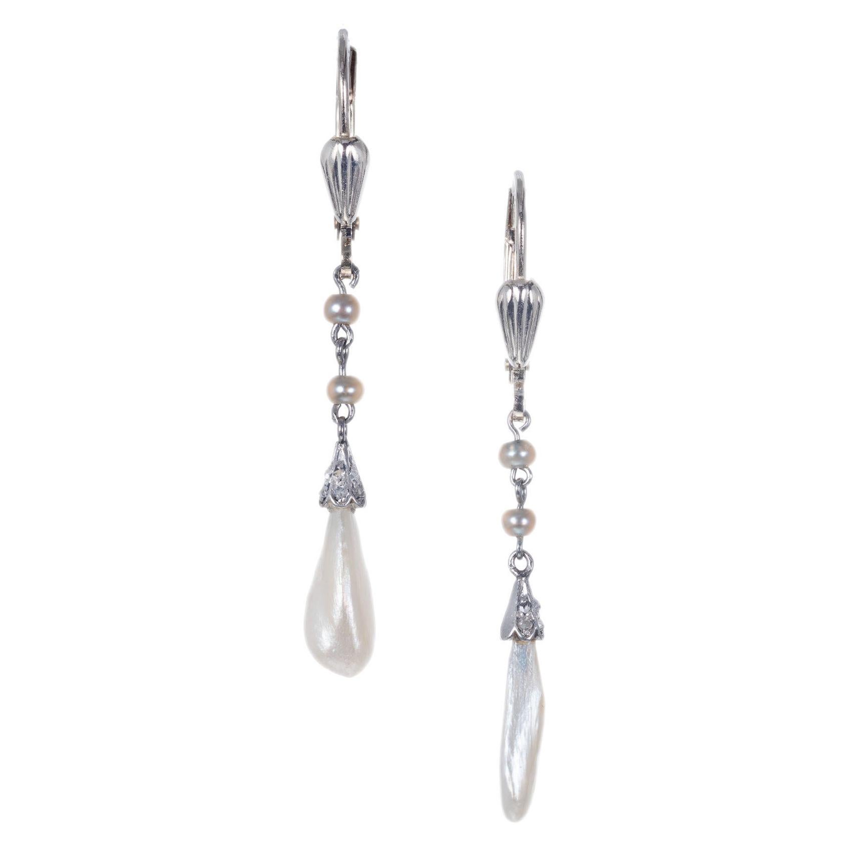 GIA Certified Freshwater Baroque Pearl Diamond White Gold Dangle Drop Earrings For Sale
