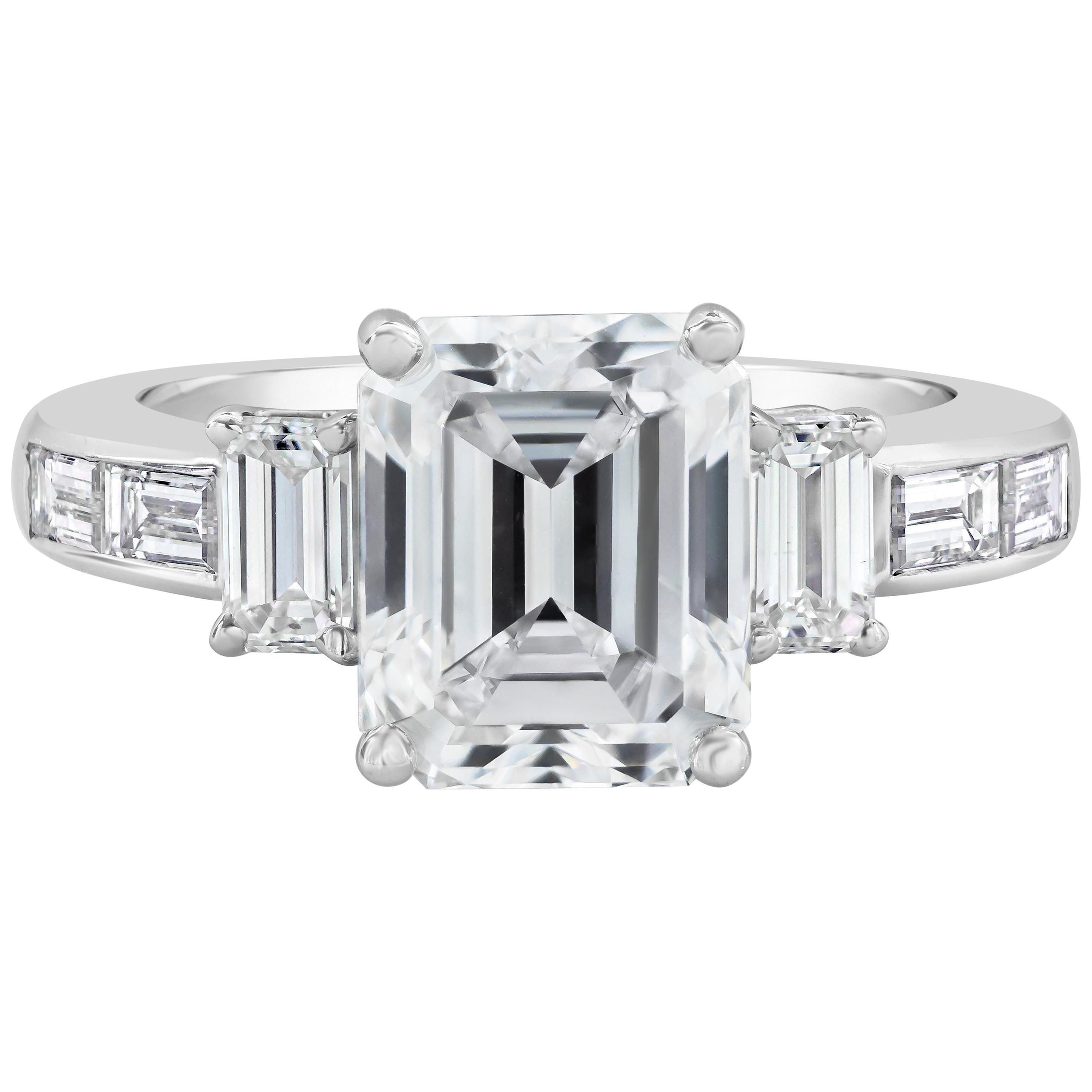 GIA Certified 3.36 Carat Total Emerald Cut Diamond Three-Stone Engagement Ring For Sale