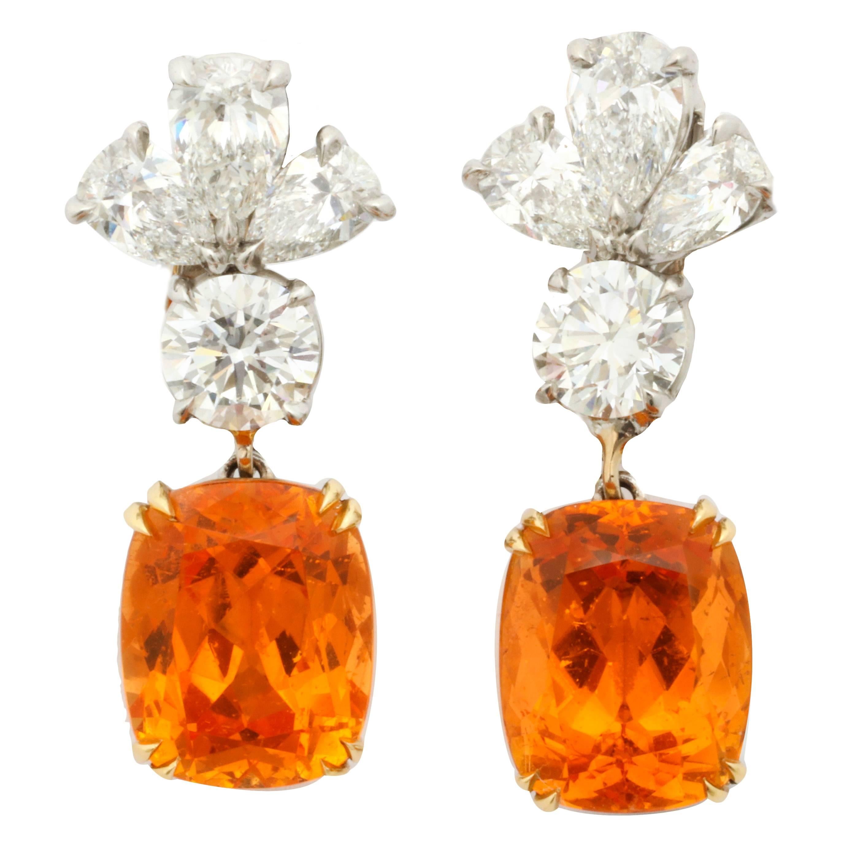 GIA Certified Gem Quality Mandarin Garnet Diamond Platinum Earrings For Sale