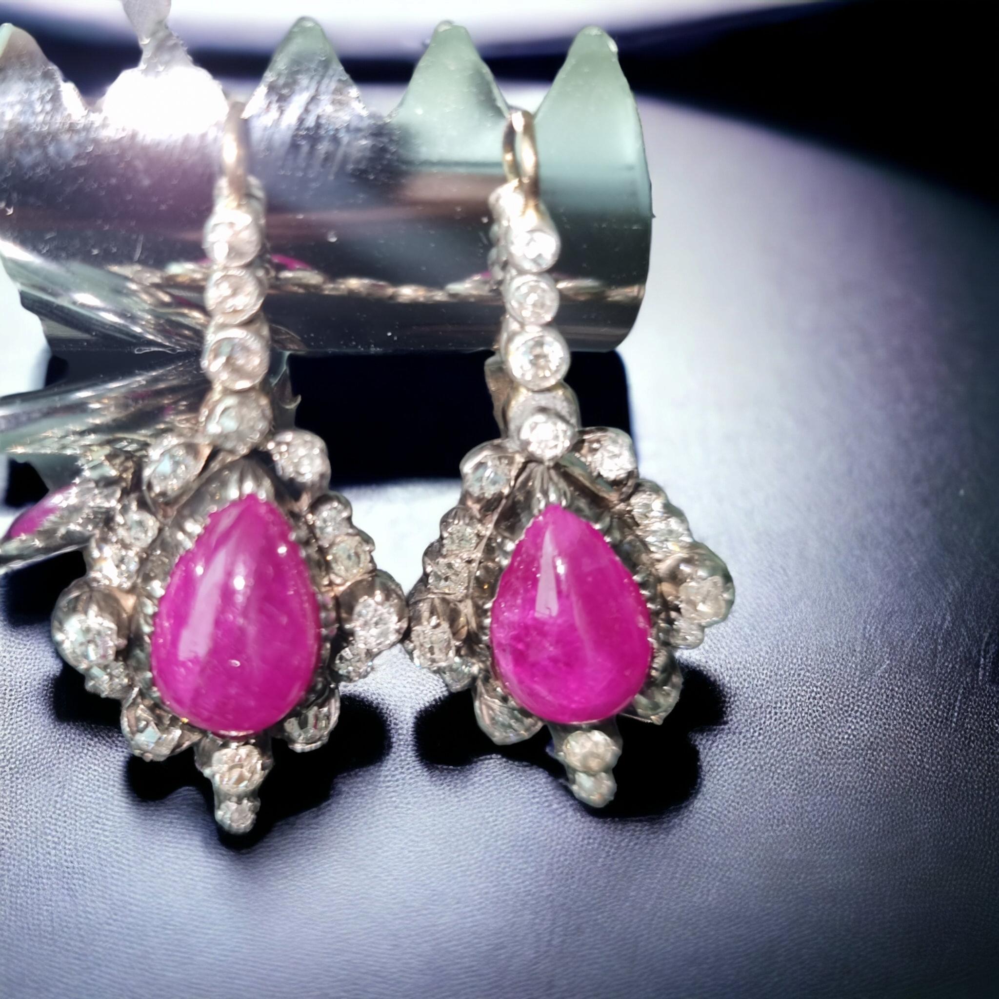 GIA Certified  Georgian Ruby Cabochon and Diamond  Earrings 18th/19th Century In Good Condition For Sale In OVIEDO, AS