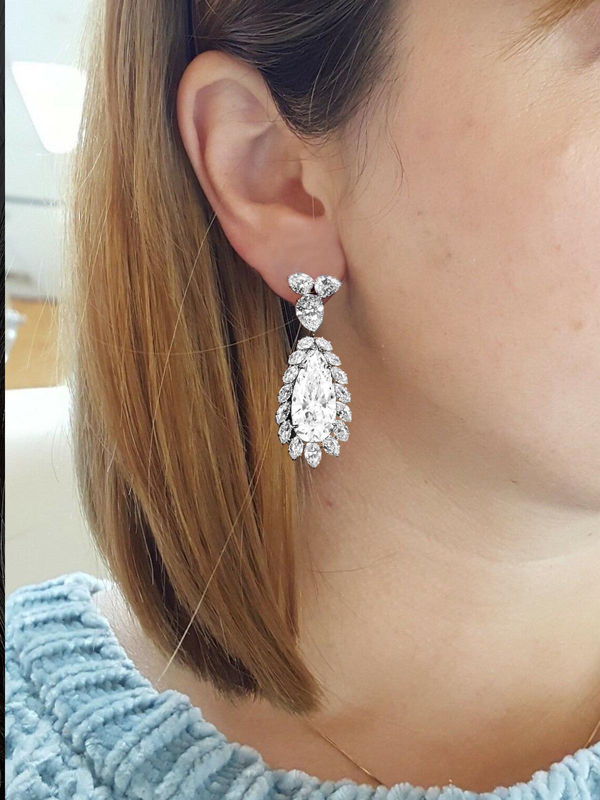 Women's or Men's GIA Certified Golconda Pear Cut White Diamond Dangle Earrings For Sale