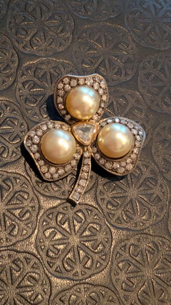 GIA Certified Golden Cultured Pearl and Diamond Clover Brooch