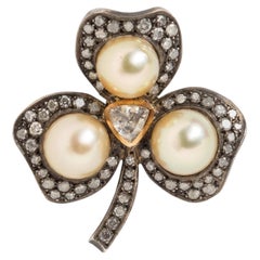GIA Certified Golden Cultured Pearl and Diamond Clover Brooch