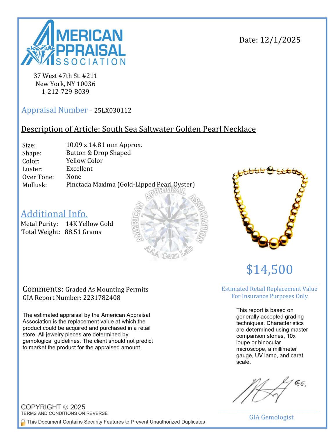 Collana di perle dei mari del sud dorate certificate GIA con chiusura in oro giallo in vendita 6