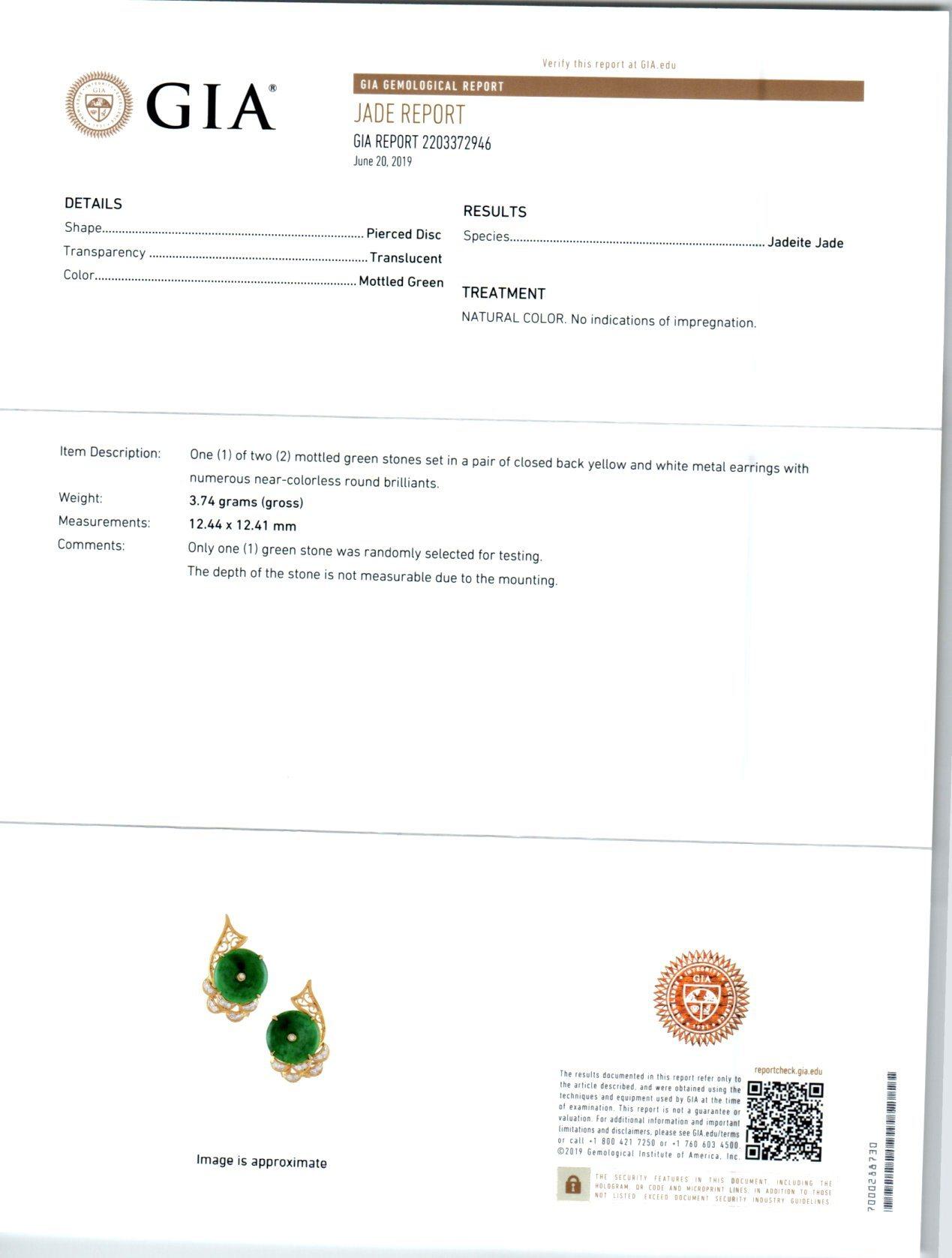 Round Cut GIA Certified Grade A Jadeite Jade Diamond Yellow Gold Earrings For Sale