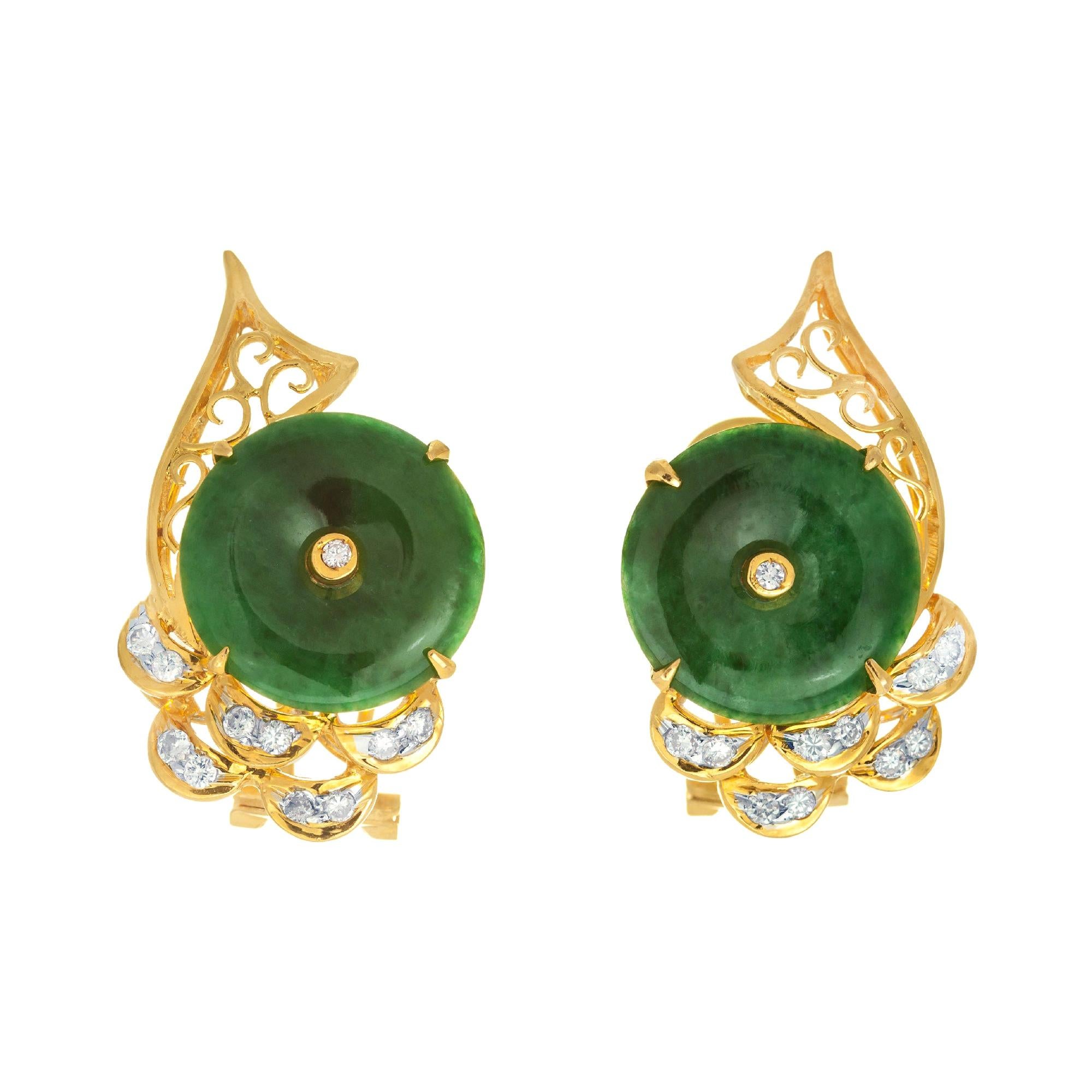 GIA Certified Grade A Jadeite Jade Diamond Yellow Gold Earrings