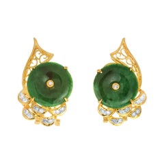 Vintage GIA Certified Grade A Jadeite Jade Diamond Yellow Gold Earrings