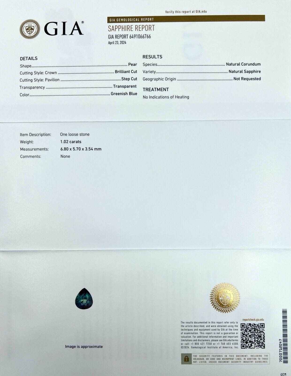 Pear Cut Gia Certified Green Blue Teal Untreated Sapphire 1.02Ct 6.8X5.7Mm Pear Teardrop For Sale