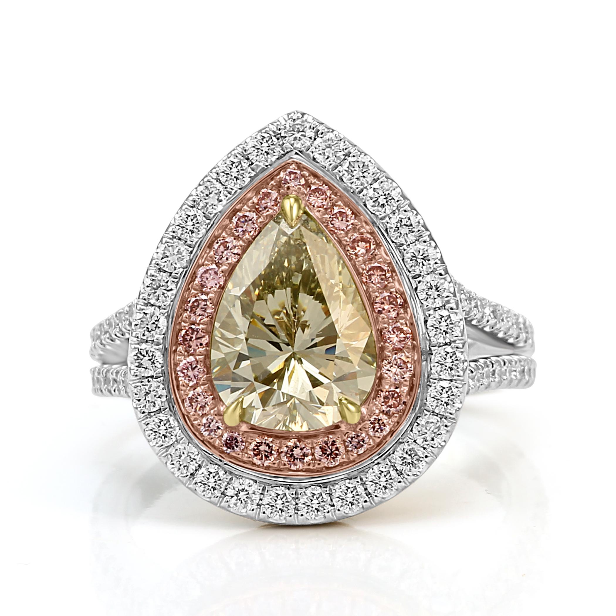 Stunning GIA Certified Natural Fancy Grayish Yellowish Green VS2 clarity Pear Shape Diamond Encircled in Double Halo of Natural Fancy Pink Round Diamonds VS Clarity 0.25 Carat and White G-H Color VS clarity Round Diamonds 0.75 Carat in gorgeous