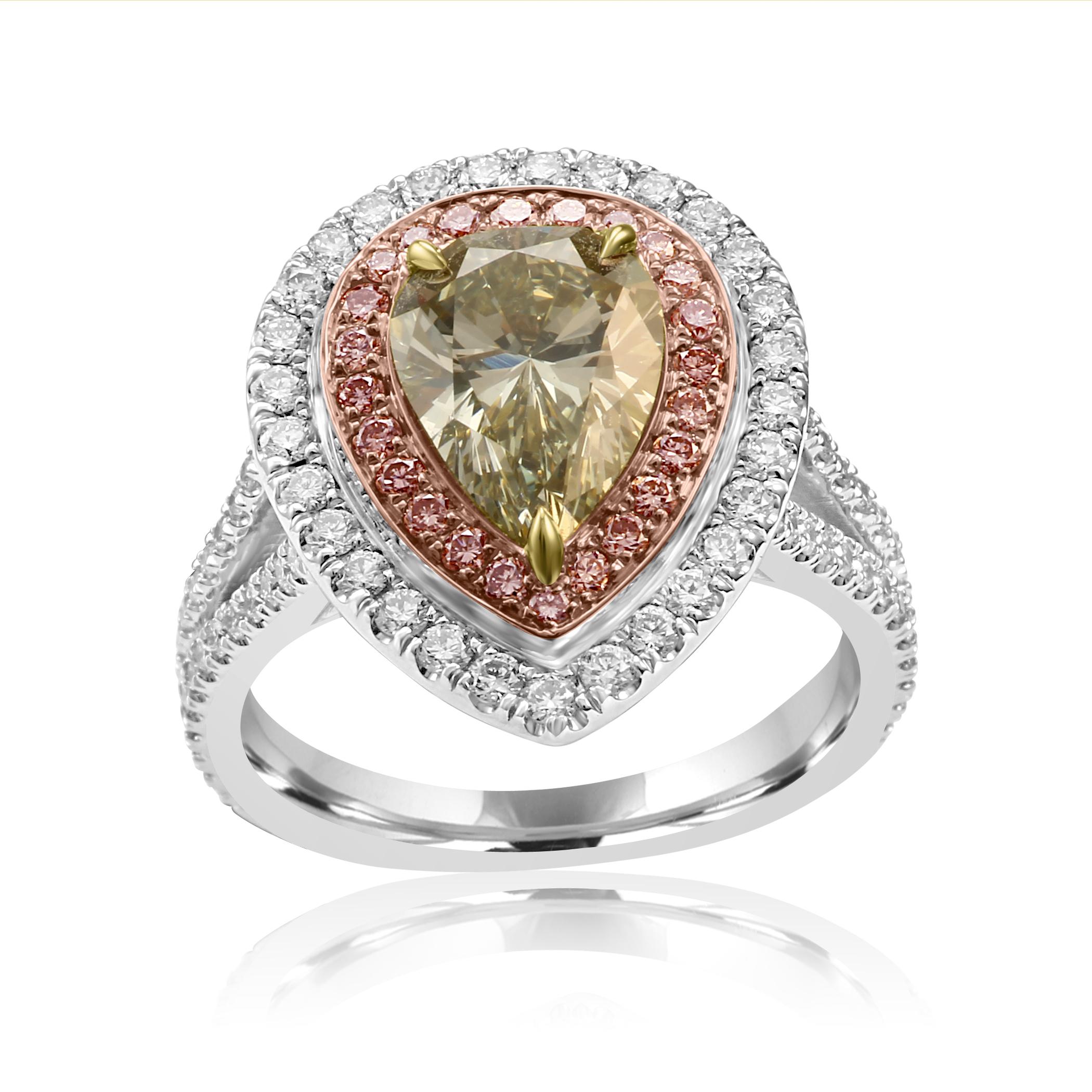 Contemporary GIA Certified Green Diamond Double Halo Pink and White Diamond Bridal Gold Ring