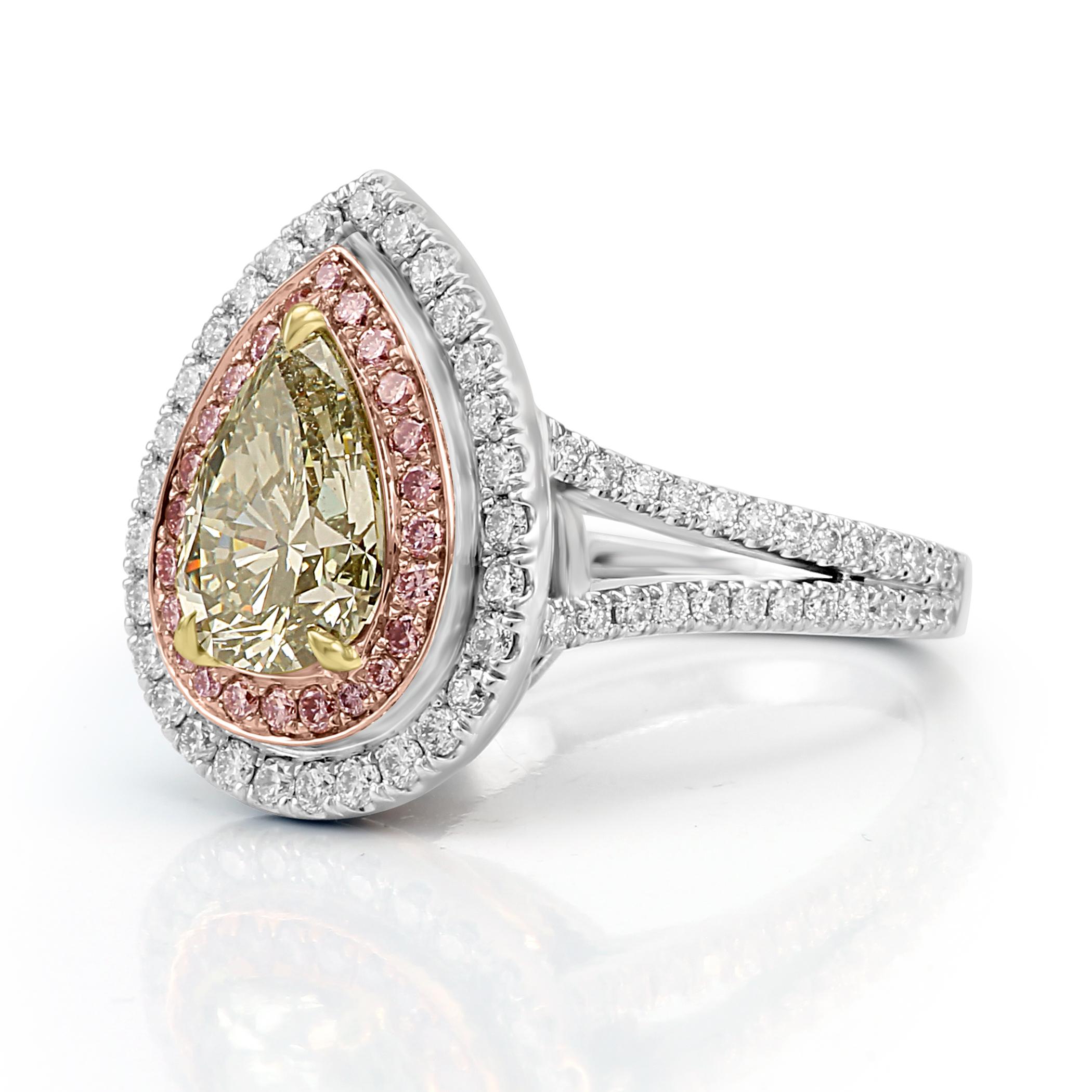 Pear Cut GIA Certified Green Diamond Double Halo Pink and White Diamond Bridal Gold Ring