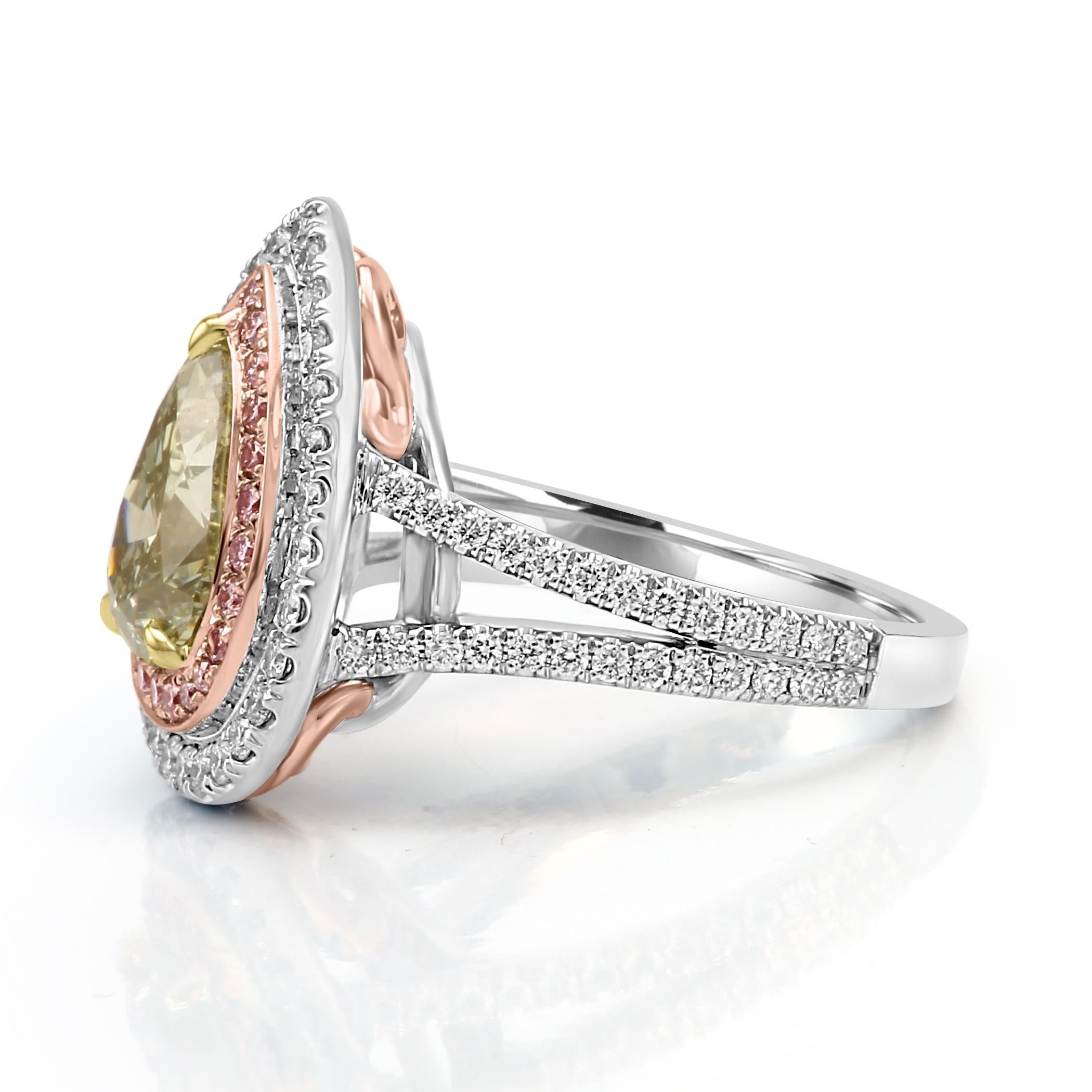 GIA Certified Green Diamond Double Halo Pink and White Diamond Bridal Gold Ring In New Condition In NEW YORK, NY