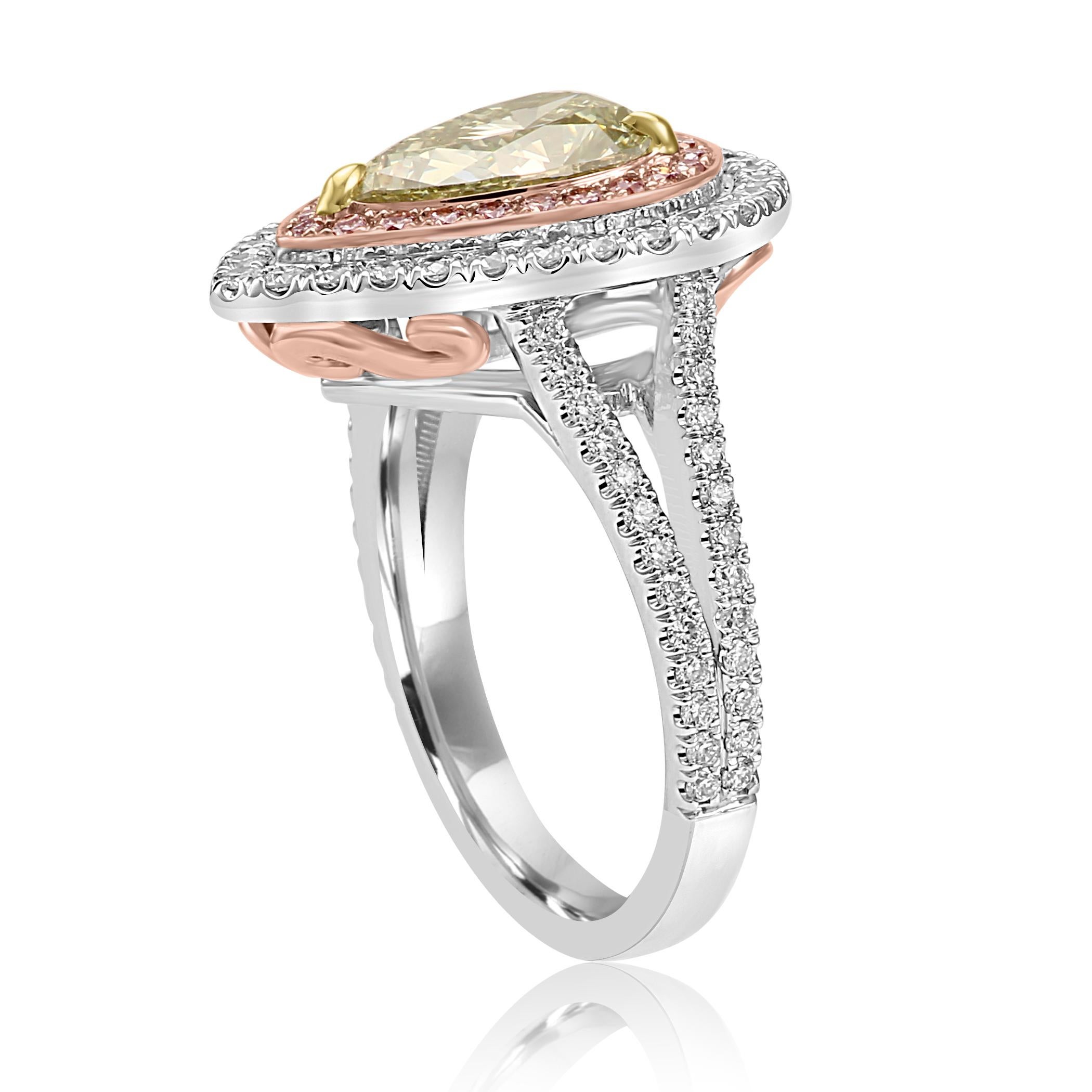 Women's or Men's GIA Certified Green Diamond Double Halo Pink and White Diamond Bridal Gold Ring