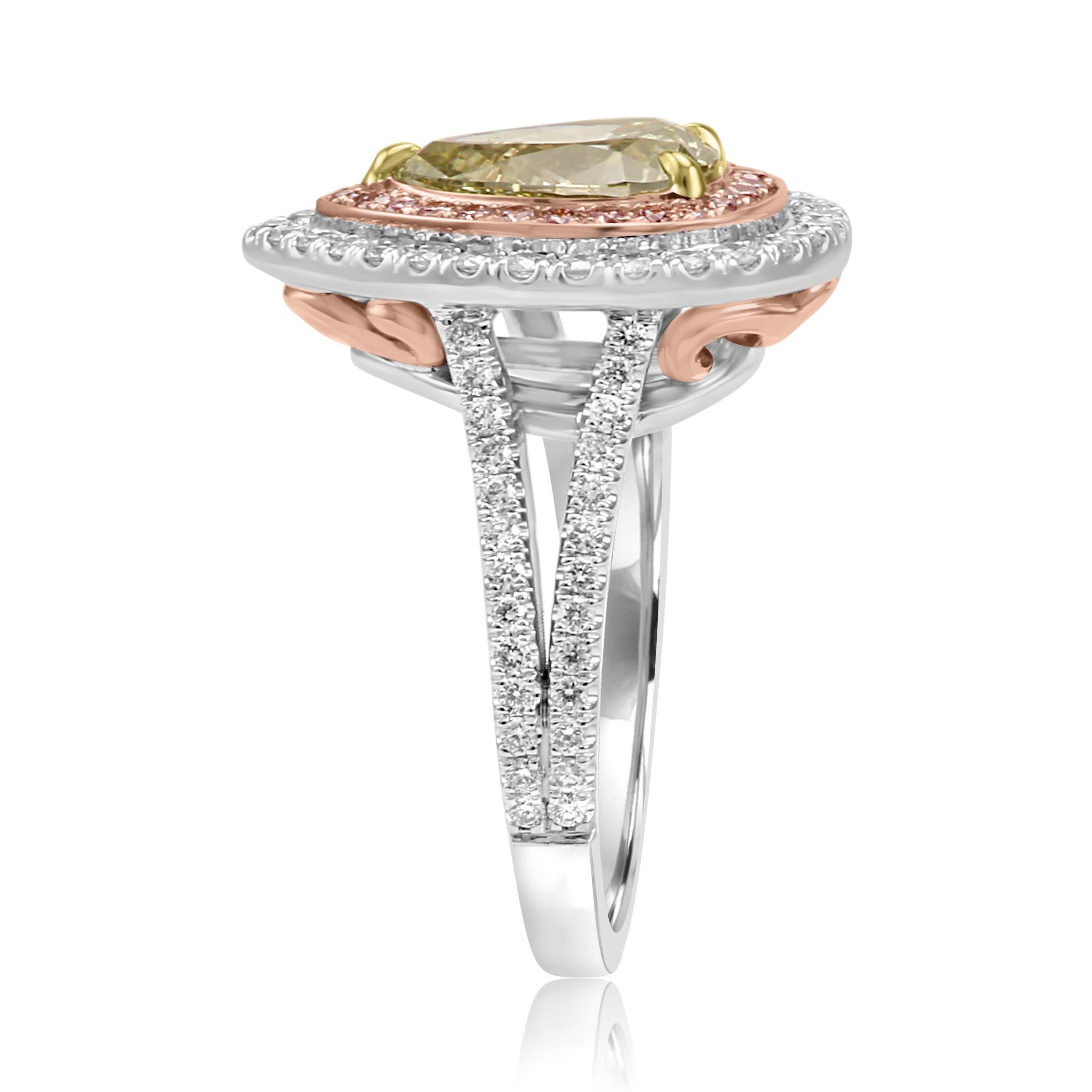 GIA Certified Green Diamond Double Halo Pink and White Diamond Bridal Gold Ring 1