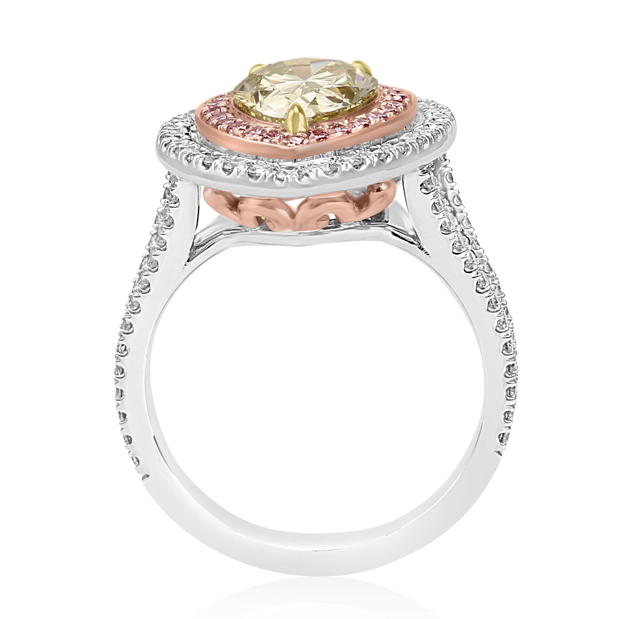 GIA Certified Green Diamond Double Halo Pink and White Diamond Bridal Gold Ring 2