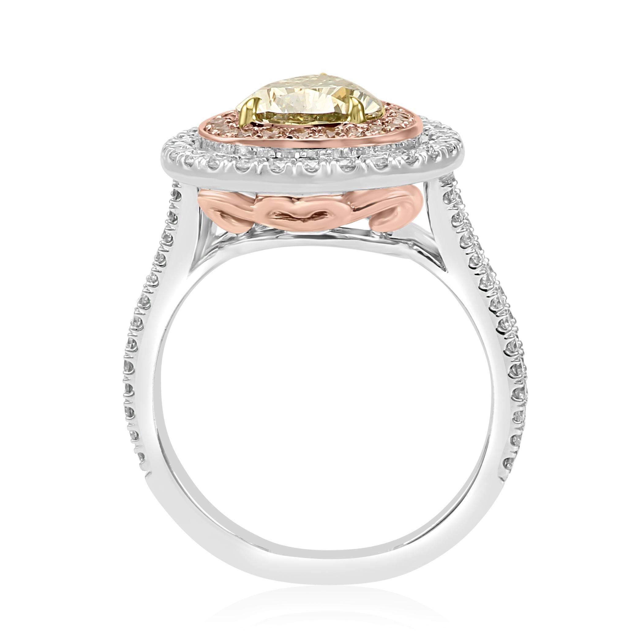GIA Certified Green Diamond Double Halo Pink and White Diamond Bridal Gold Ring 3